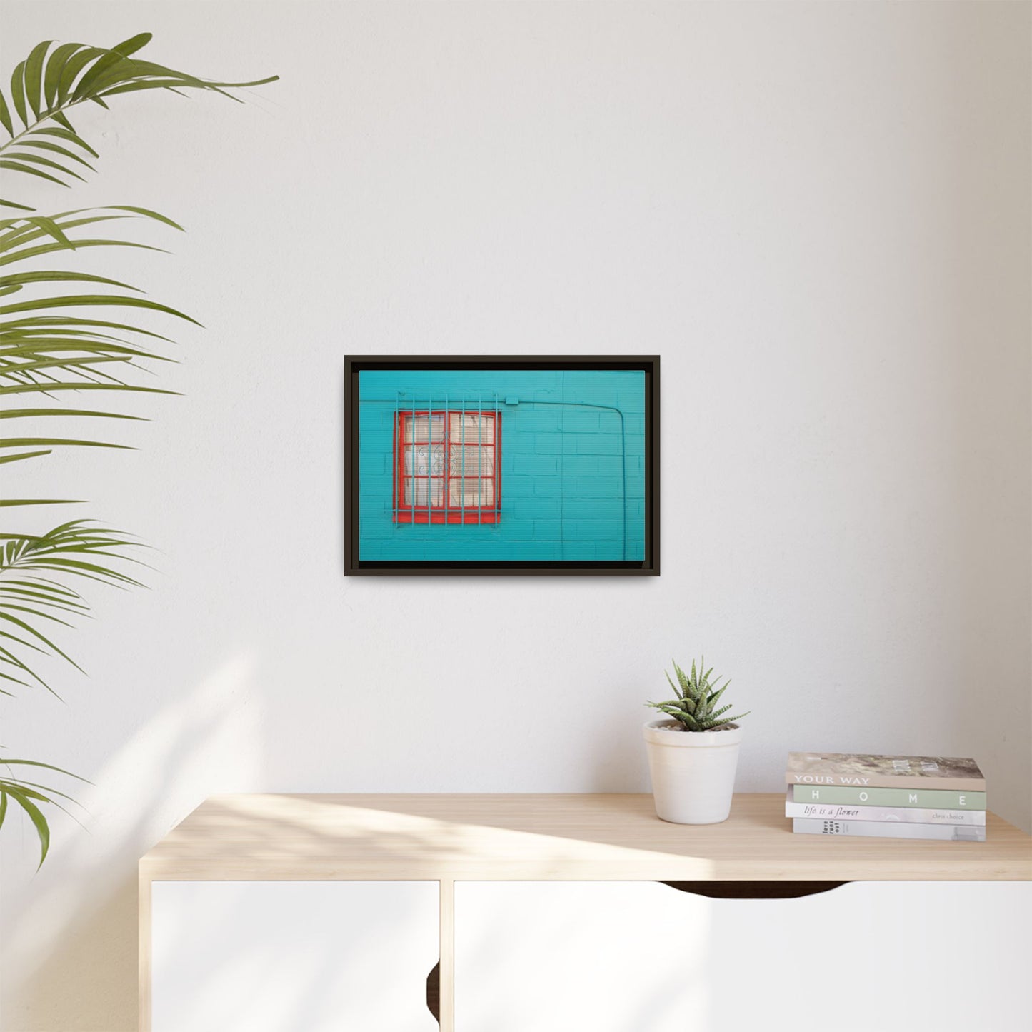 Framed Matte Canvas Print — Turquoise Wall with Red Window