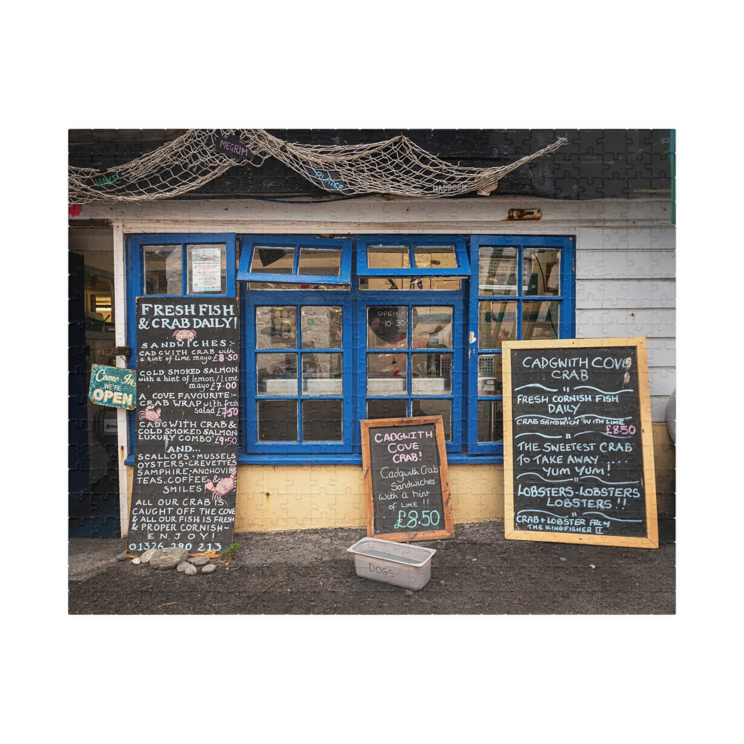 Cadgwith Cornwall UK Fish Shop Jigsaw Puzzle - Coastal Chalkboard Menu Scene (110–1014 pcs)
