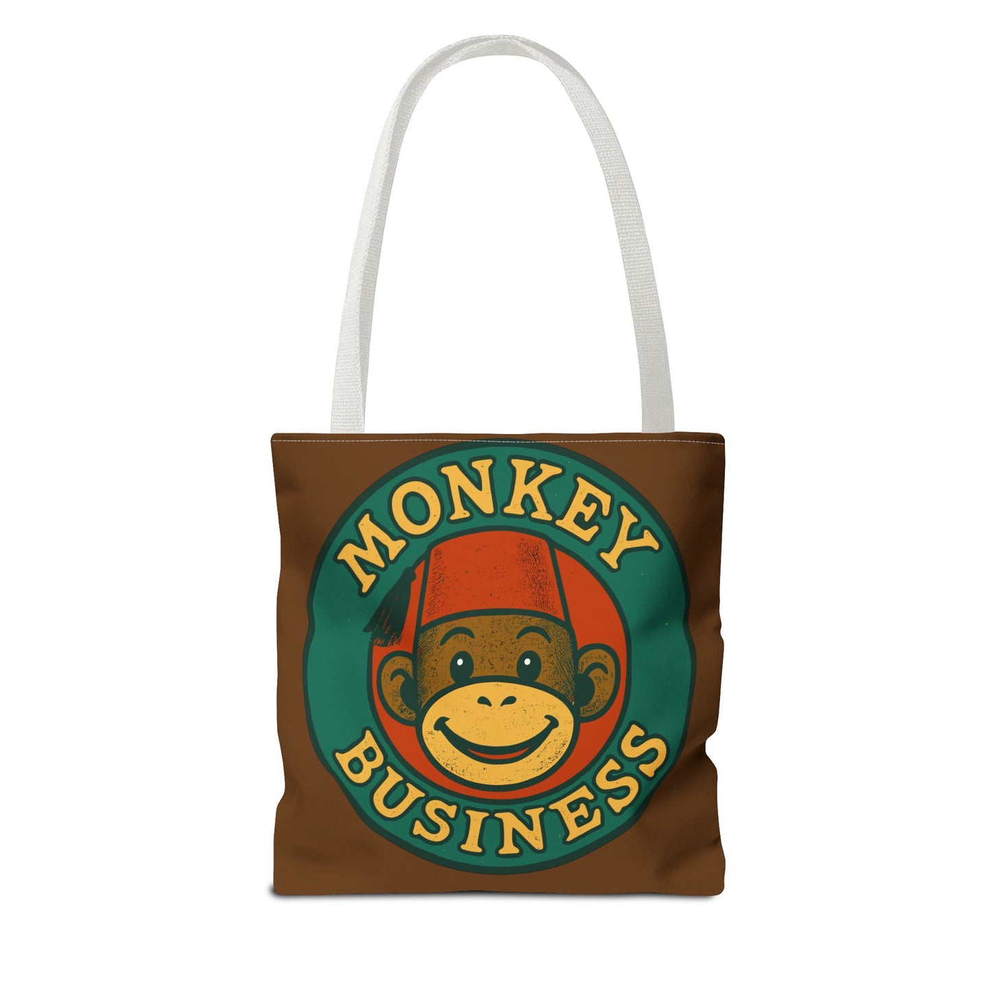 Monkey Business Tote Bag | Retro Monkey Logo, Brown All-Over Print