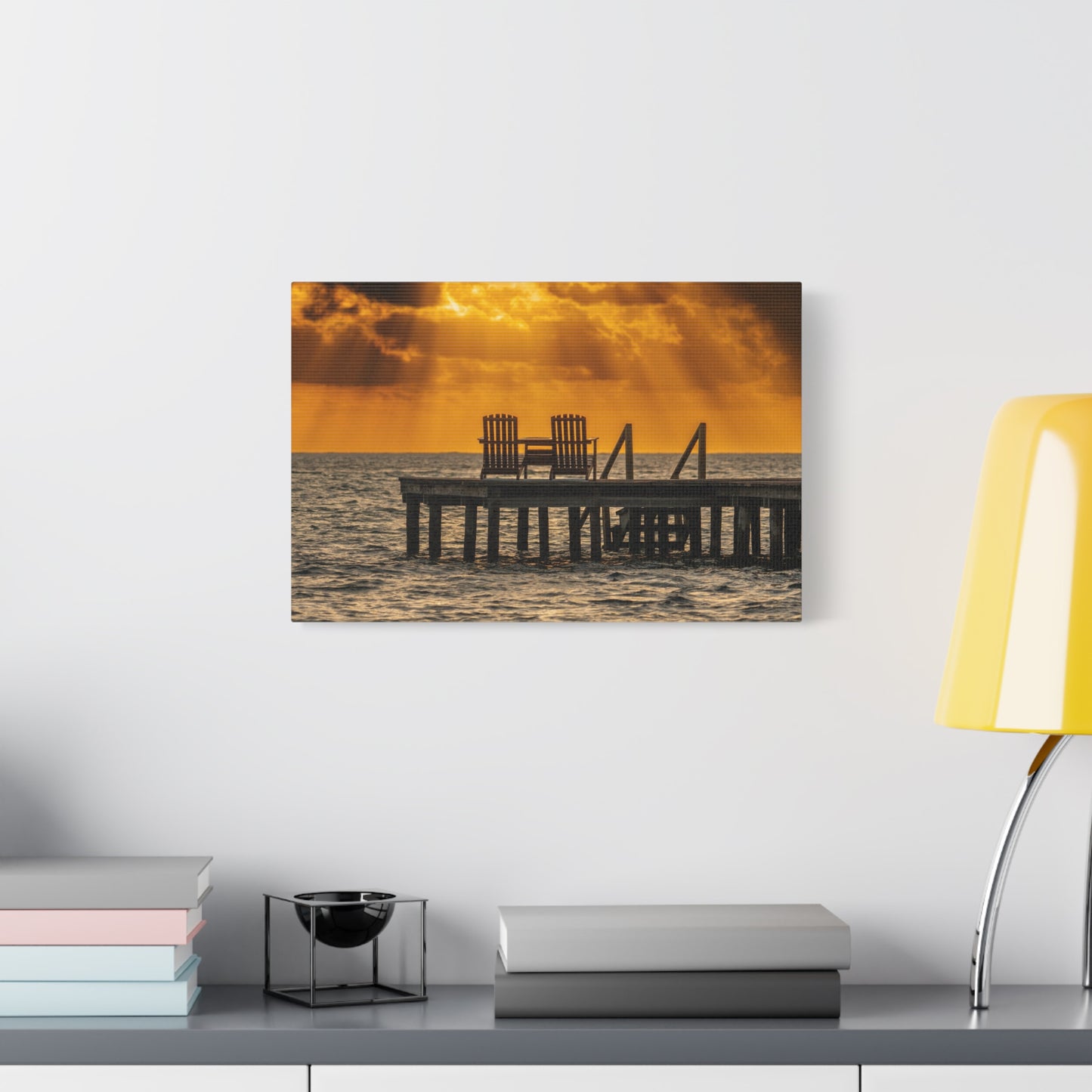 Sunset Dock, Belize Canvas Wall Art — Golden Beach Pier with Chairs