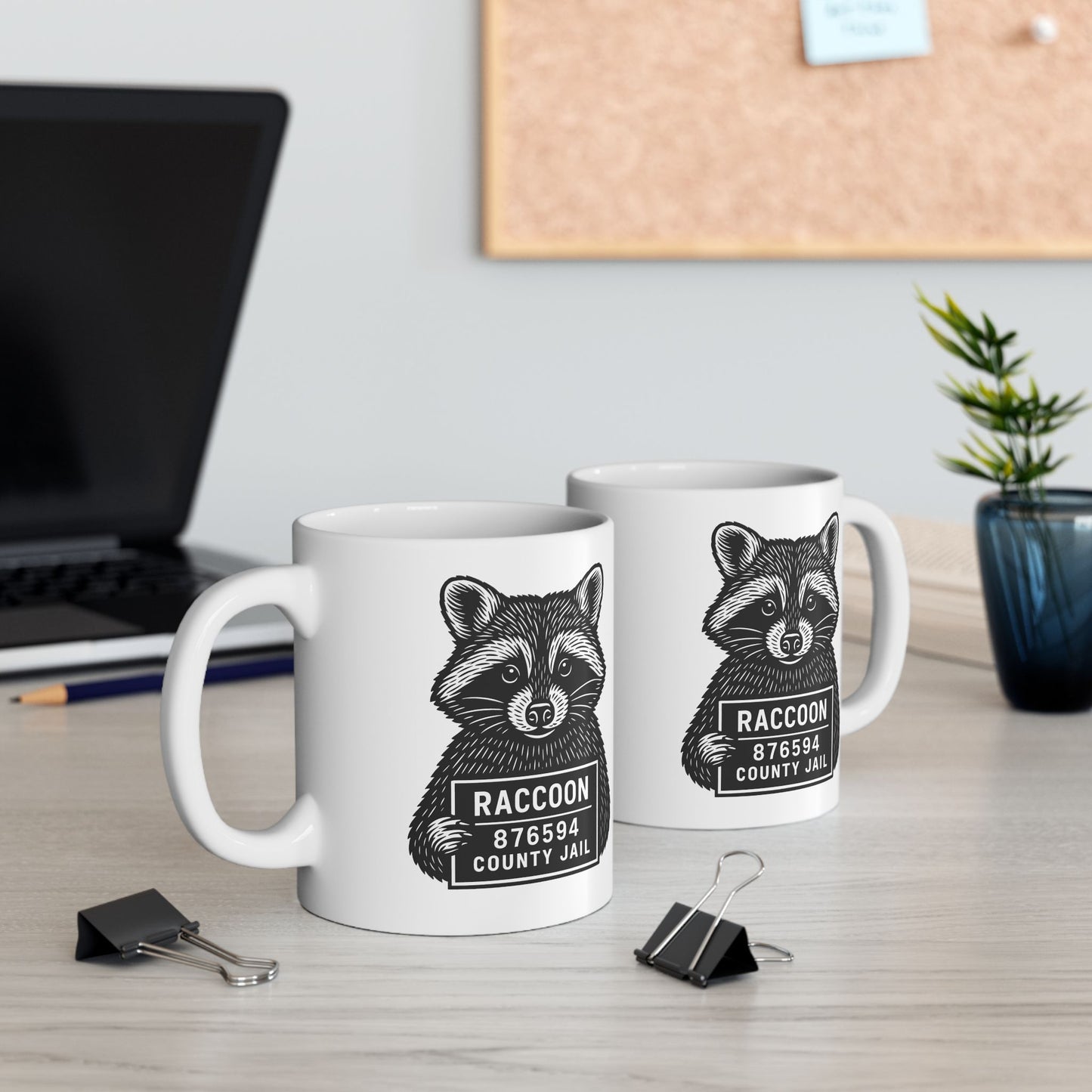 Raccoon Mugshot Ceramic Mug — Cute Hand-Drawn Raccoon Coffee Cup (11oz & 15oz)