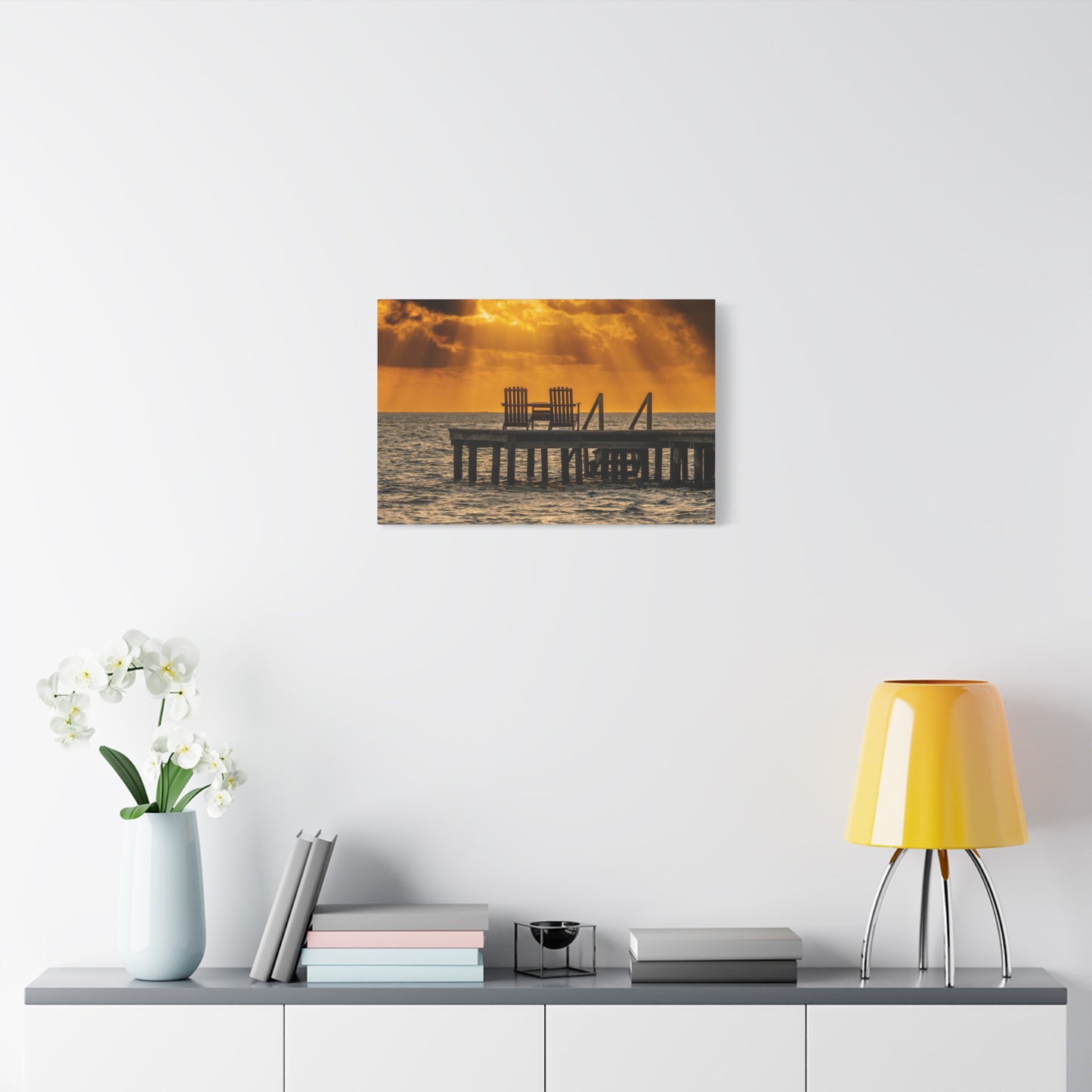 Sunset Dock, Belize Canvas Wall Art — Golden Beach Pier with Chairs