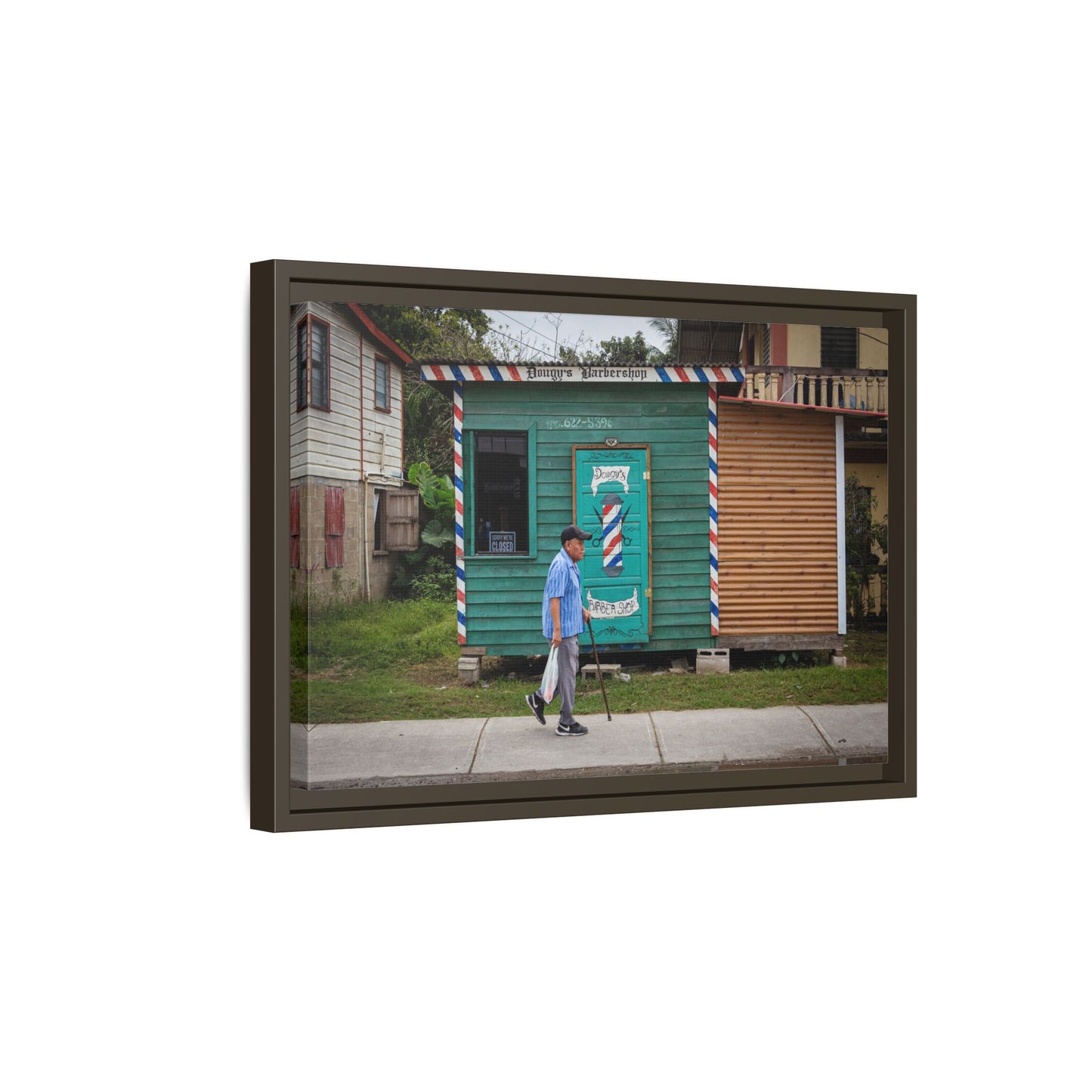 San Ignacio Street Scene Matte Canvas Print — Framed Belize Barber Shop Artwork