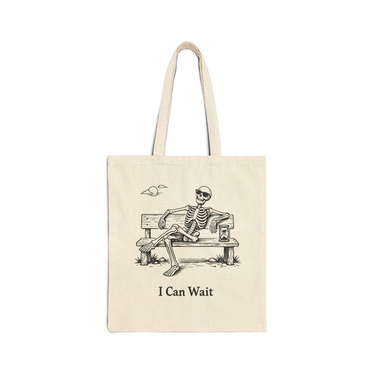 Funny Gothic 'I Can Wait' Skeleton Cotton Canvas Tote Bag
