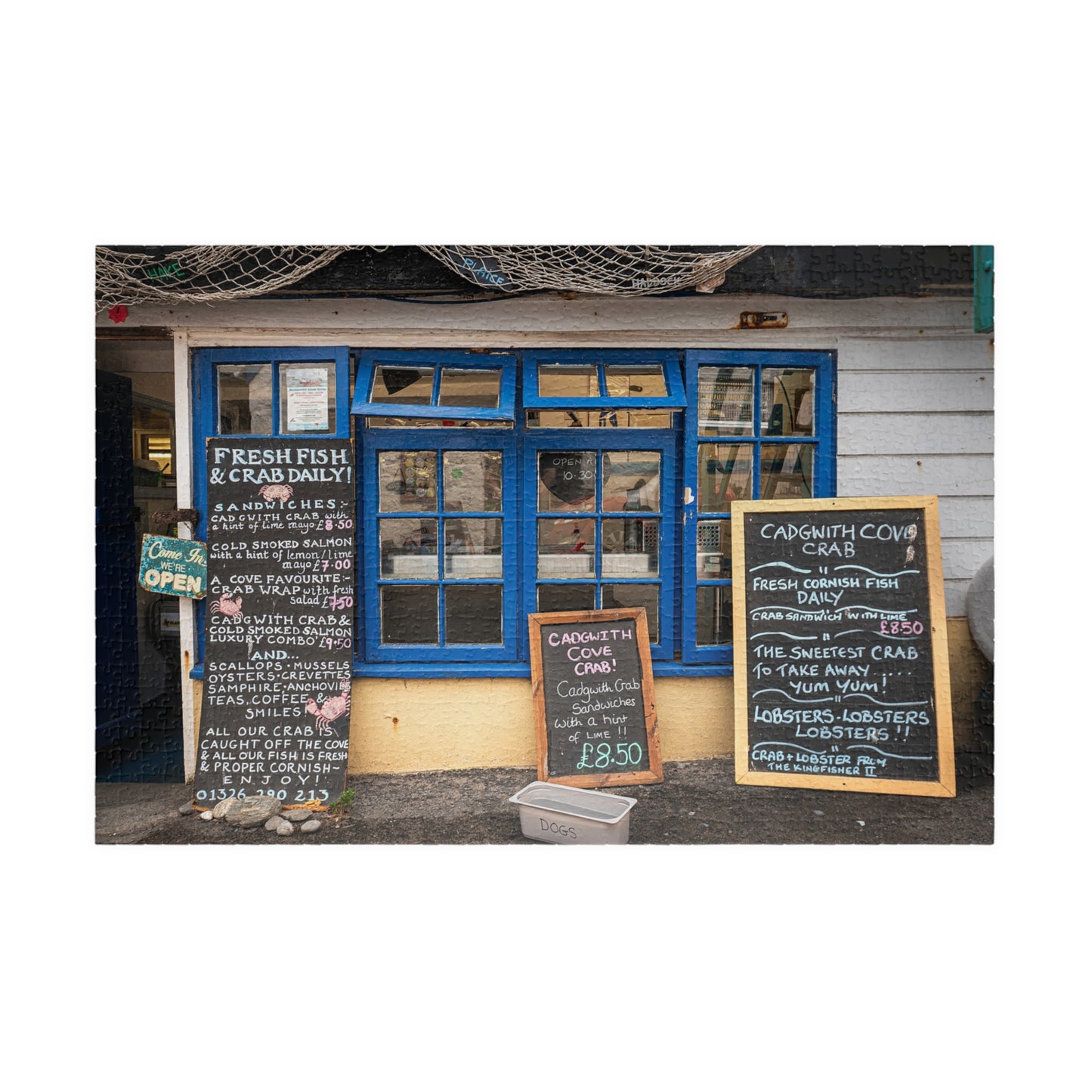 Cadgwith Cornwall UK Fish Shop Jigsaw Puzzle - Coastal Chalkboard Menu Scene (110–1014 pcs)
