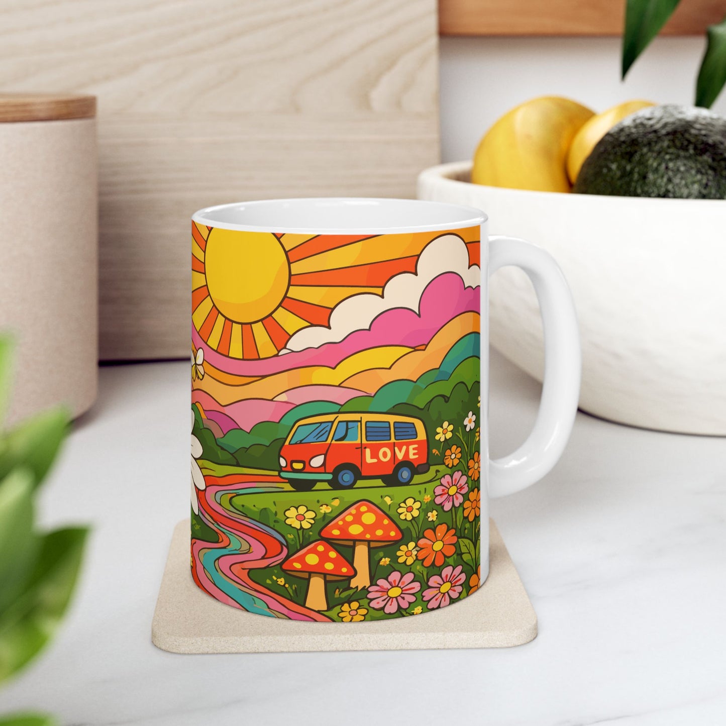 Retro Daisy Sunrise Ceramic Mug — 11oz & 15oz Groovy Floral Coffee Cup