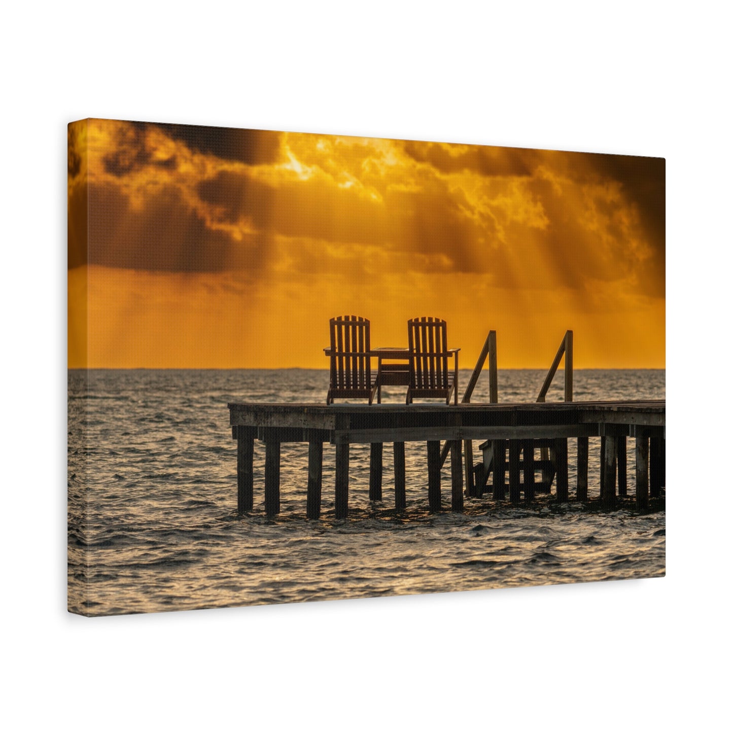 Sunset Dock, Belize Canvas Wall Art — Golden Beach Pier with Chairs