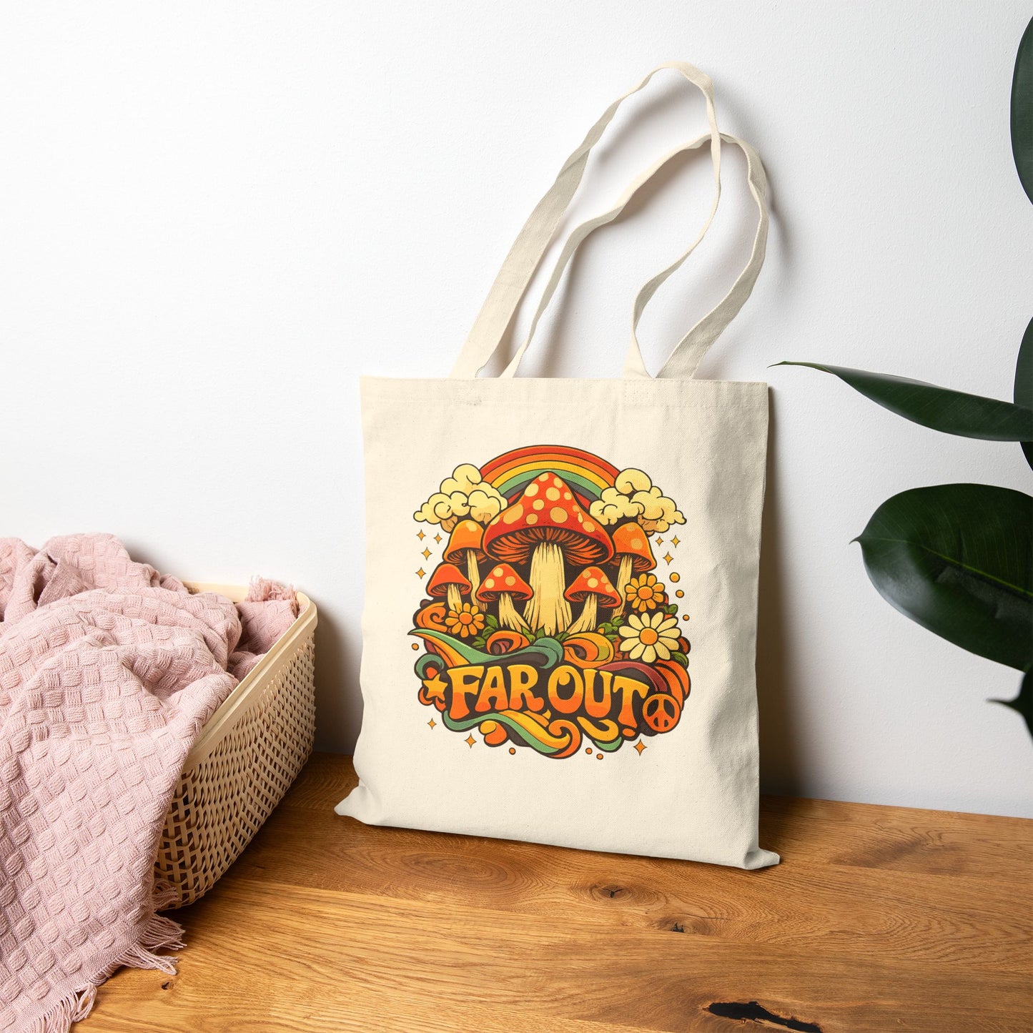 Retro Mushroom 'Far Out' Canvas Tote Bag