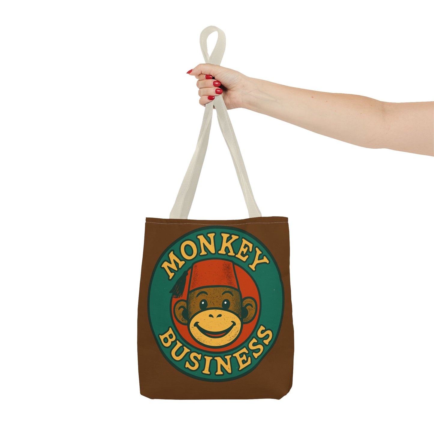 Monkey Business Tote Bag | Retro Monkey Logo, Brown All-Over Print