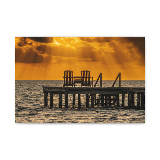 Sunset Dock, Belize Canvas Wall Art — Golden Beach Pier with Chairs