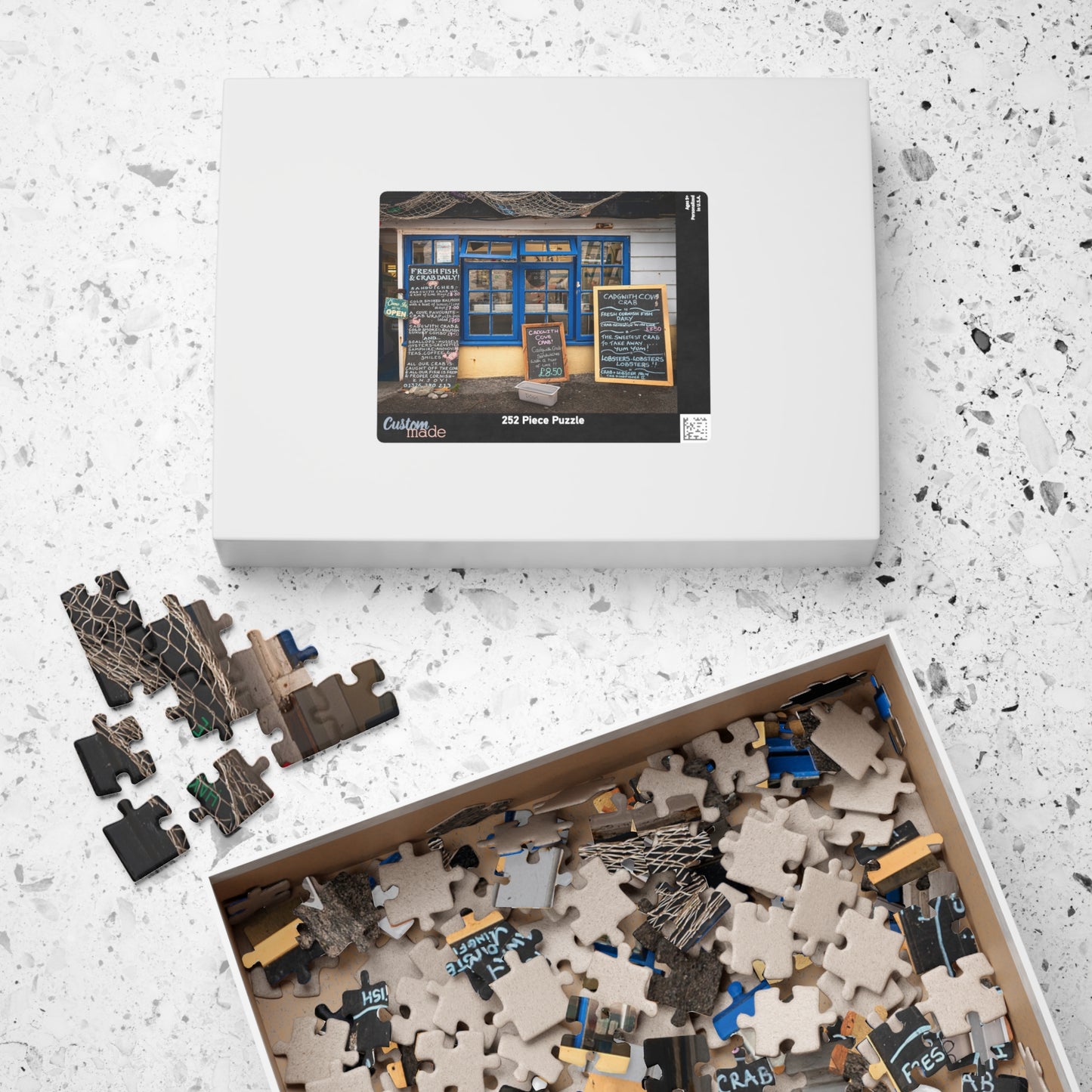 Cadgwith Cornwall UK Fish Shop Jigsaw Puzzle - Coastal Chalkboard Menu Scene (110–1014 pcs)