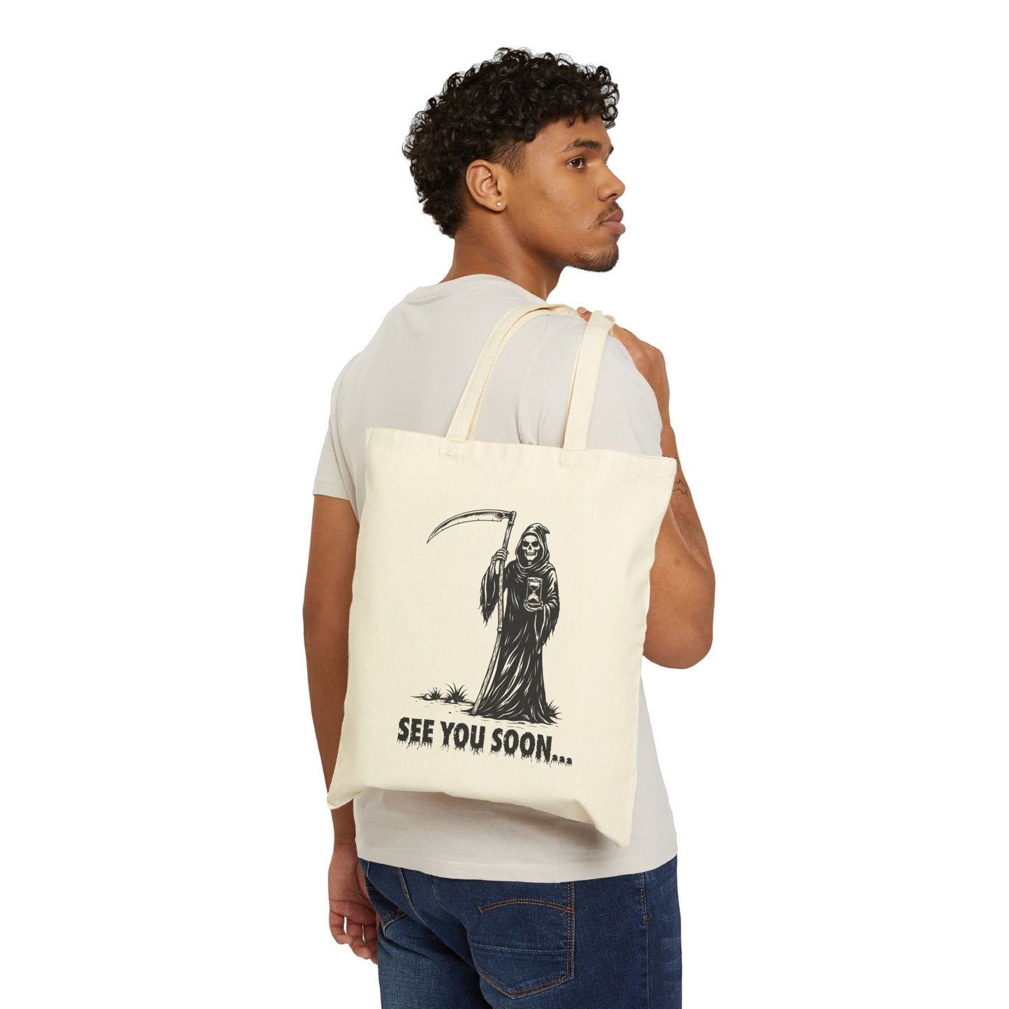 Grim Reaper 'See You Soon' Canvas Tote - Skeleton Cotton Tote Bag