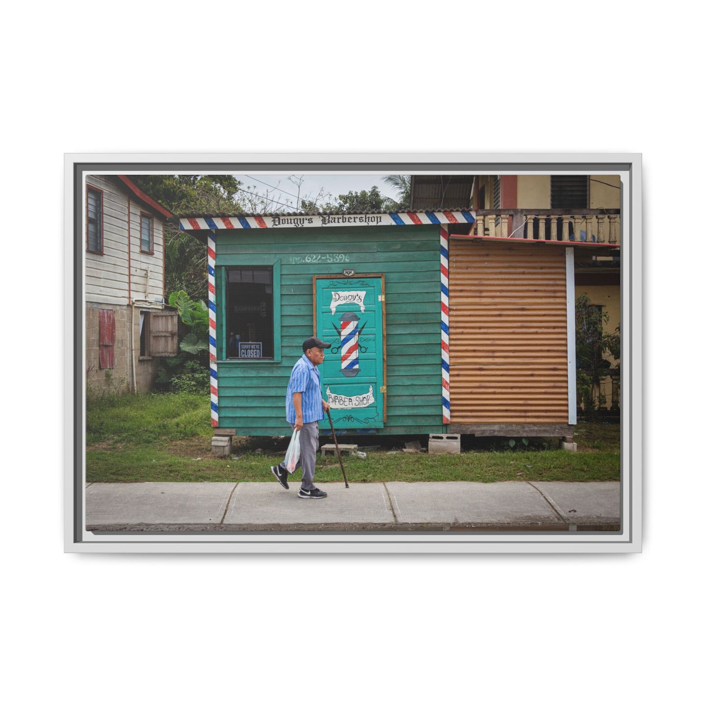 San Ignacio Street Scene Matte Canvas Print — Framed Belize Barber Shop Artwork