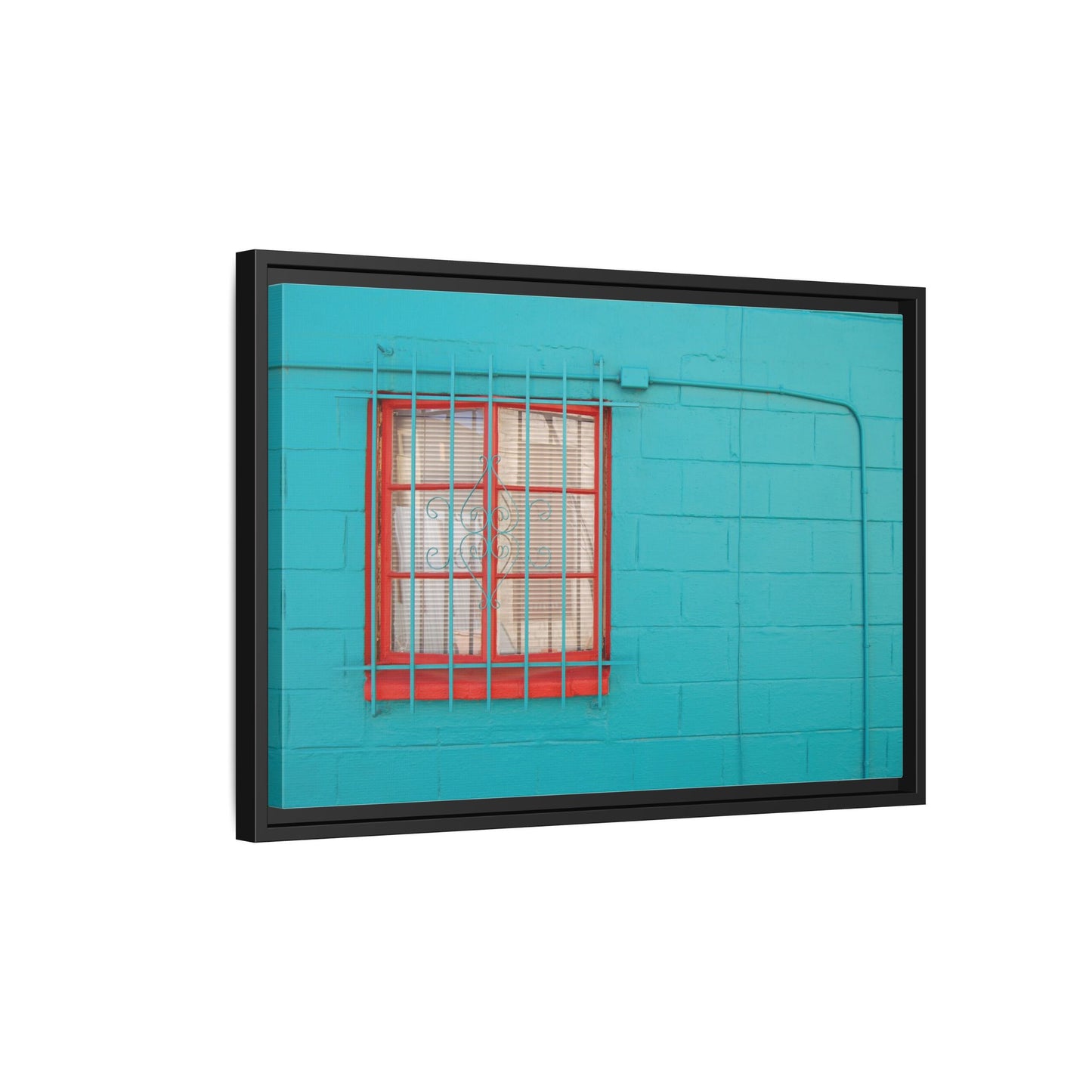 Framed Matte Canvas Print — Turquoise Wall with Red Window