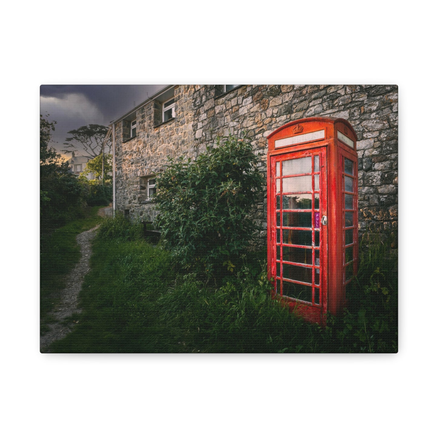 Vintage Red Phone Booth Canvas Wall Art – Rustic Countryside Photography Print