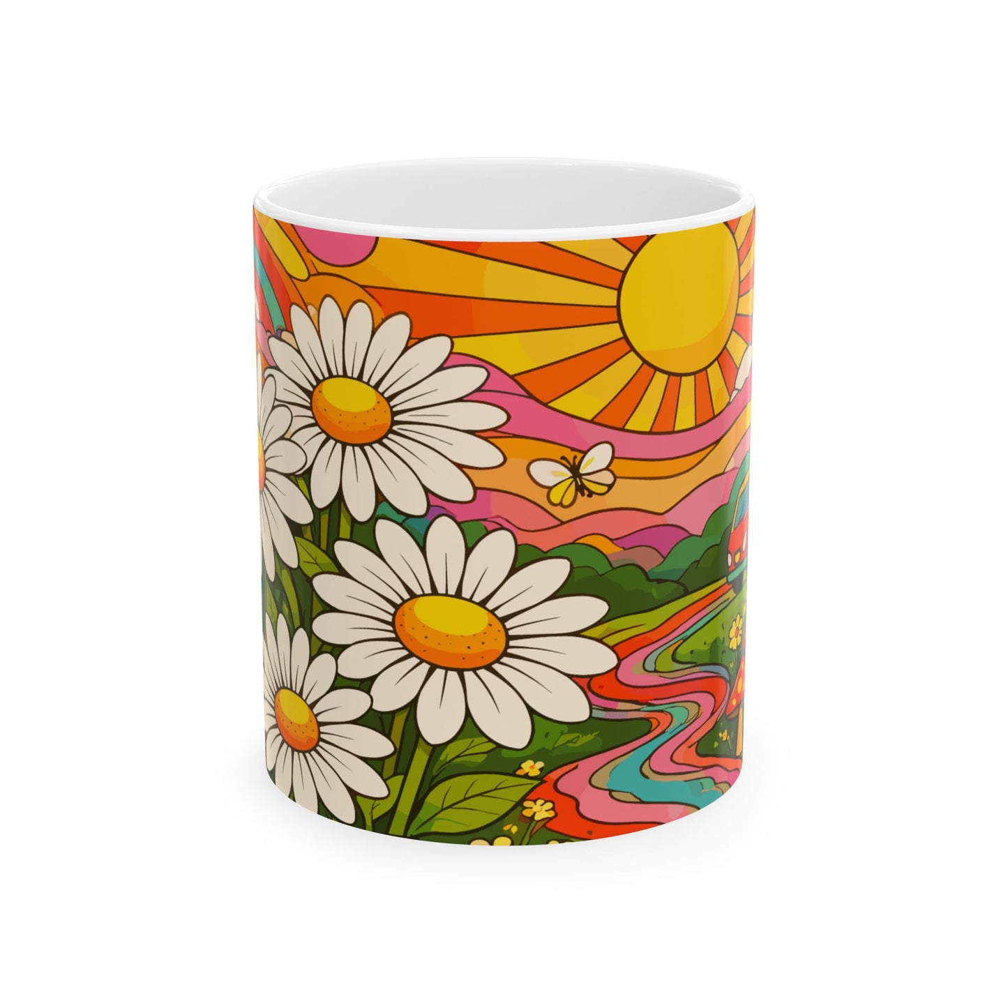 Retro Daisy Sunrise Ceramic Mug — 11oz & 15oz Groovy Floral Coffee Cup