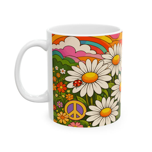 Retro Daisy Sunrise Ceramic Mug — 11oz & 15oz Groovy Floral Coffee Cup
