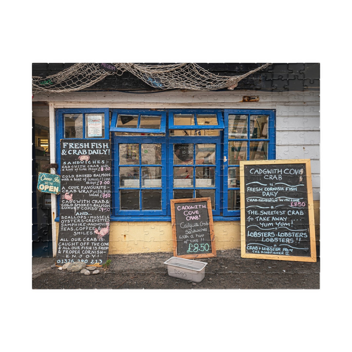 Cadgwith Cornwall UK Fish Shop Jigsaw Puzzle - Coastal Chalkboard Menu Scene (110–1014 pcs)