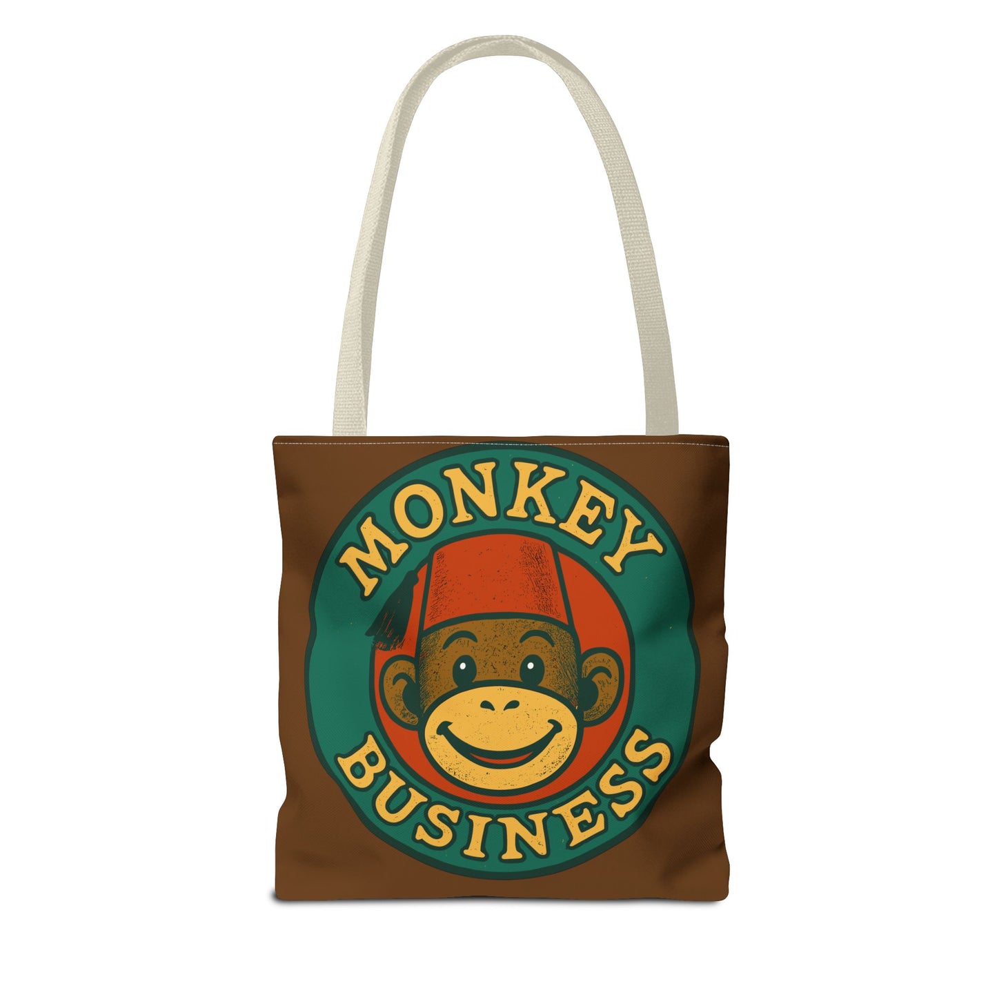 Monkey Business Tote Bag | Retro Monkey Logo, Brown All-Over Print