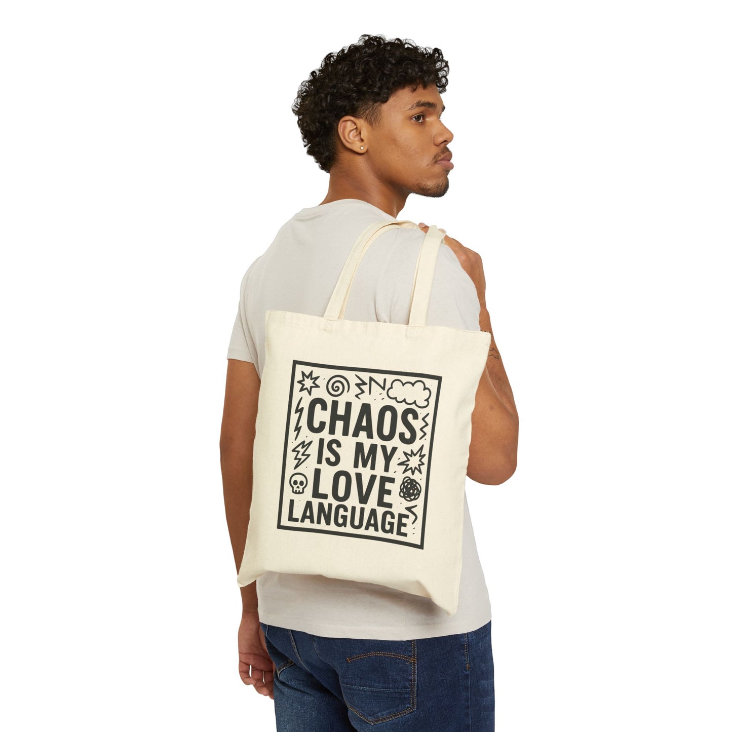 Tote Bag - 'Chaos is my Love Language' Skulls Lightning Bolts Design