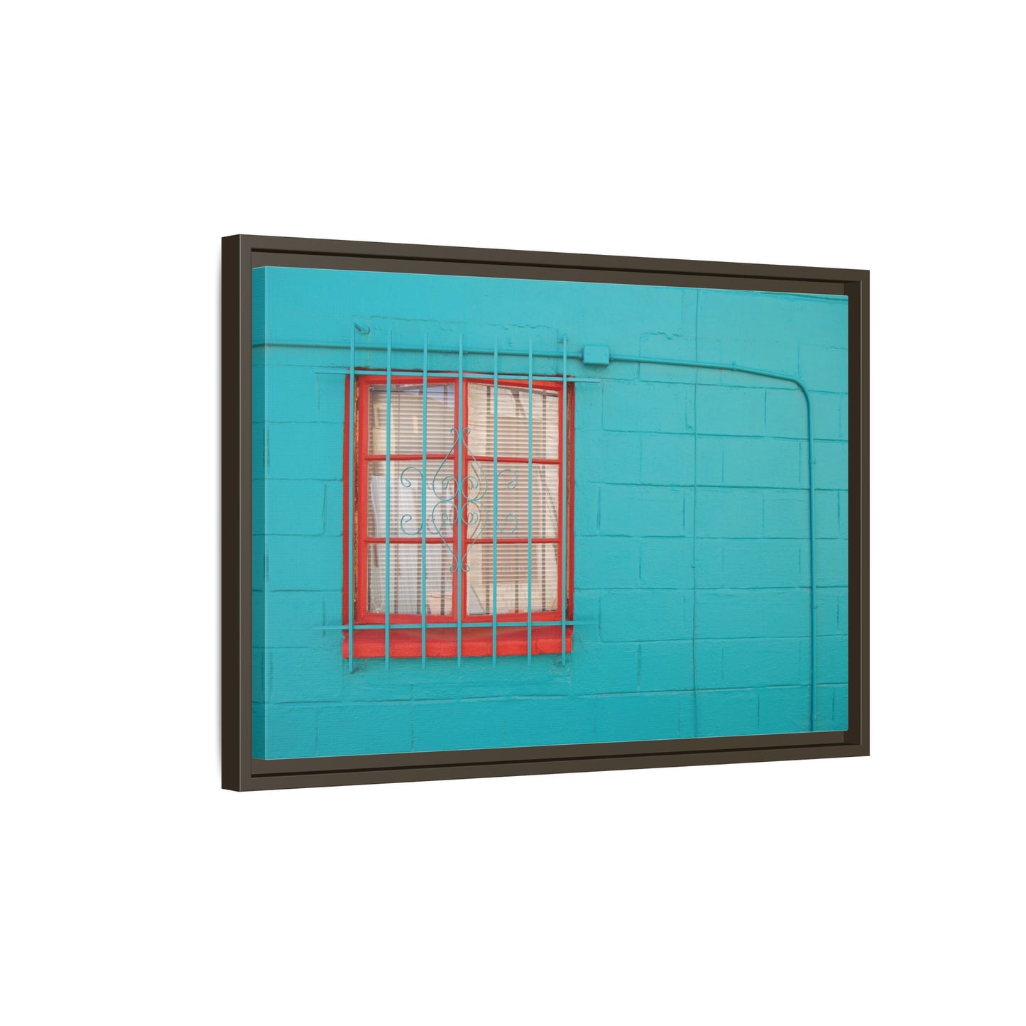 Framed Matte Canvas Print — Turquoise Wall with Red Window