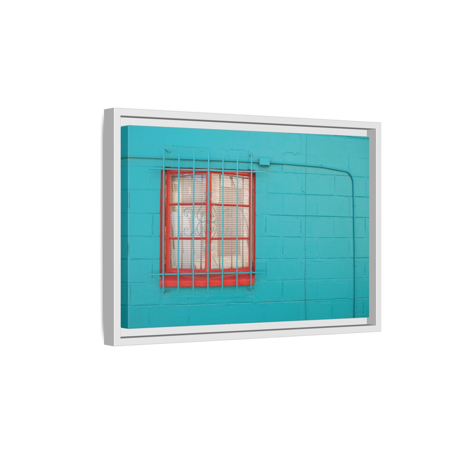 Framed Matte Canvas Print — Turquoise Wall with Red Window