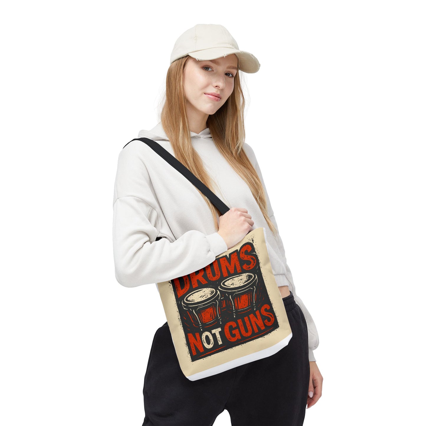 Drums Not Guns Tote Bag — Retro Percussion Protest AOP Tote