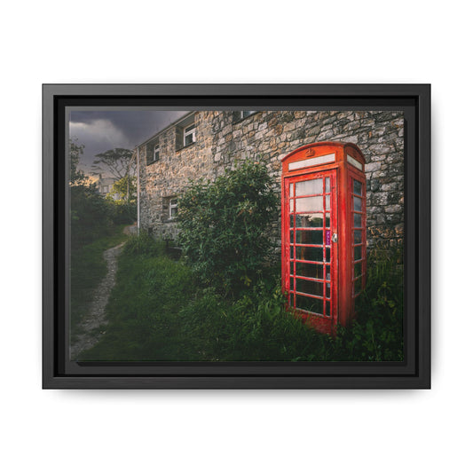 Framed Matte Canvas Print – Vintage Red British Phone Booth in Countryside