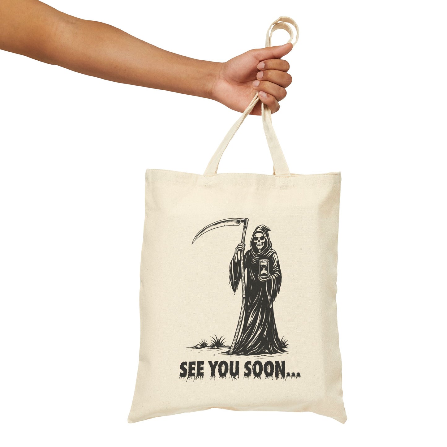 Grim Reaper 'See You Soon' Canvas Tote - Skeleton Cotton Tote Bag