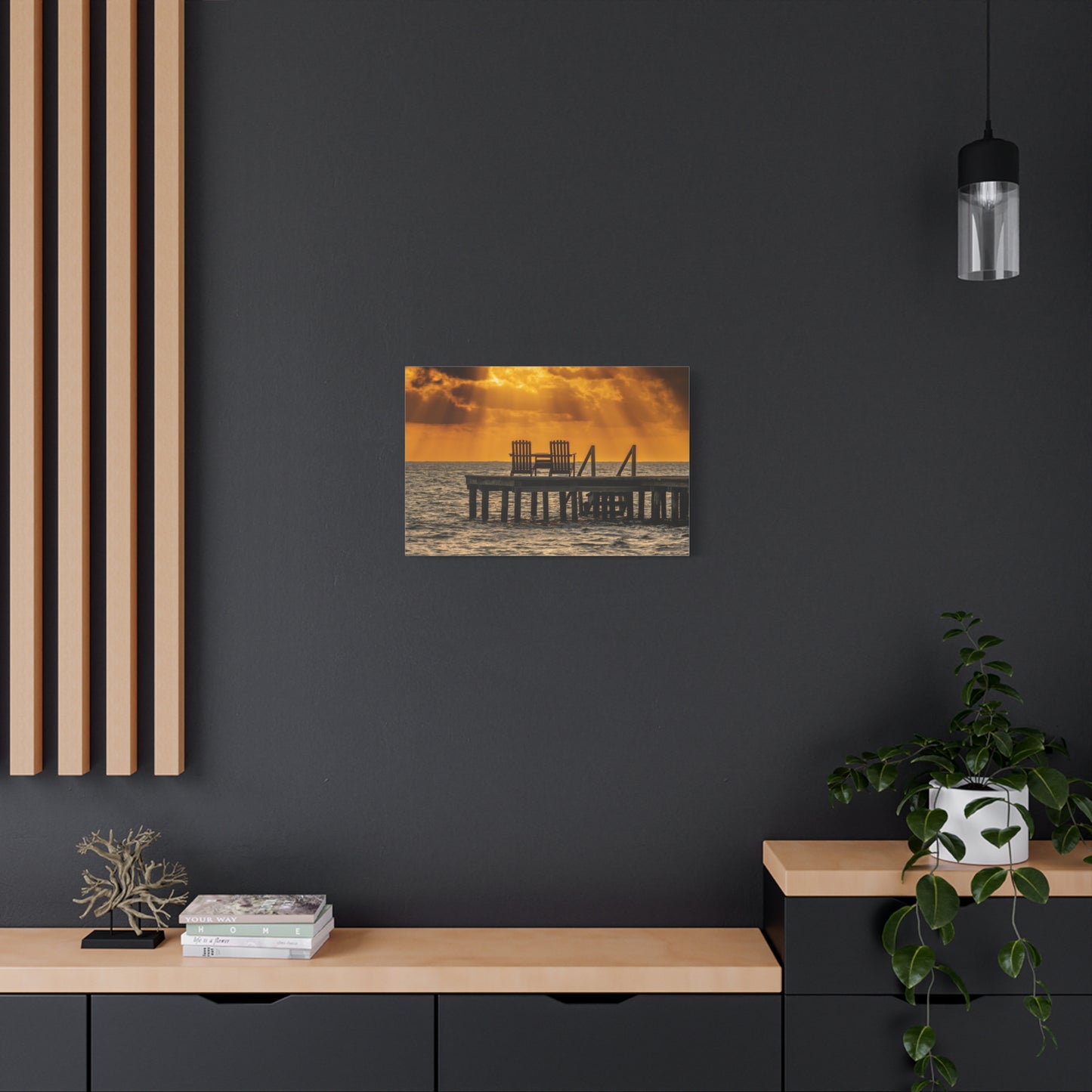 Sunset Dock, Belize Canvas Wall Art — Golden Beach Pier with Chairs