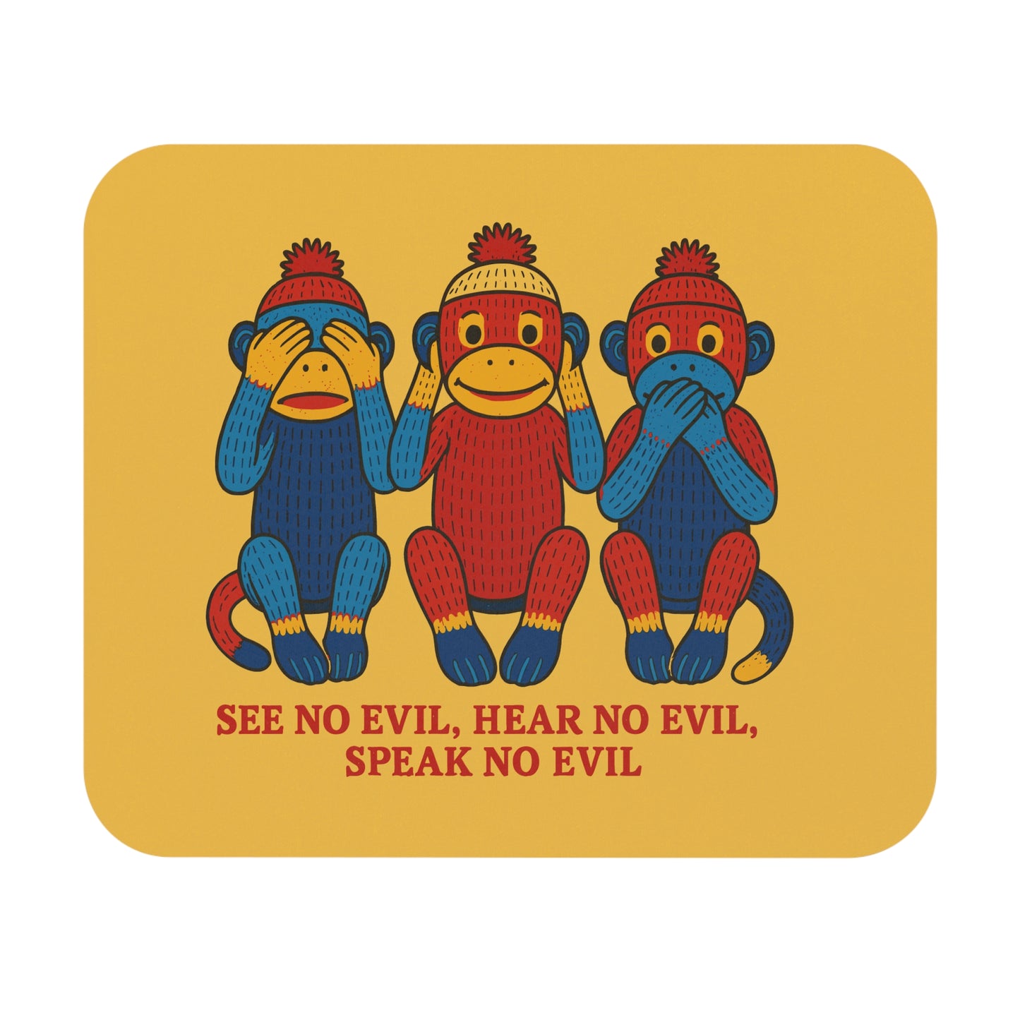 See No Evil Sock Monkey Mouse Pad - Retro Three Wise Monkeys Desk Mat