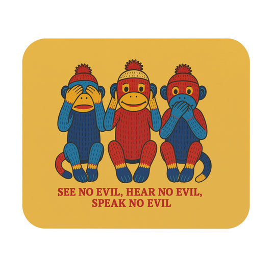 See No Evil Sock Monkey Mouse Pad - Retro Three Wise Monkeys Desk Mat