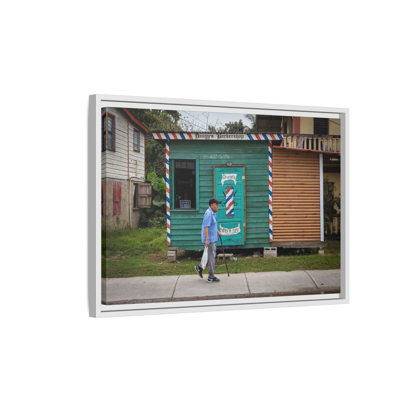 San Ignacio Street Scene Matte Canvas Print — Framed Belize Barber Shop Artwork