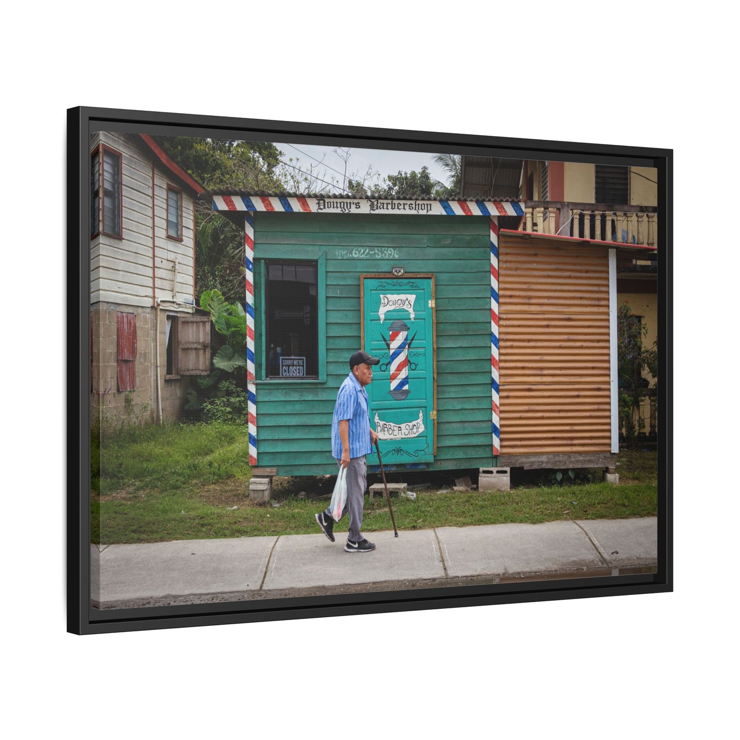 San Ignacio Street Scene Matte Canvas Print — Framed Belize Barber Shop Artwork