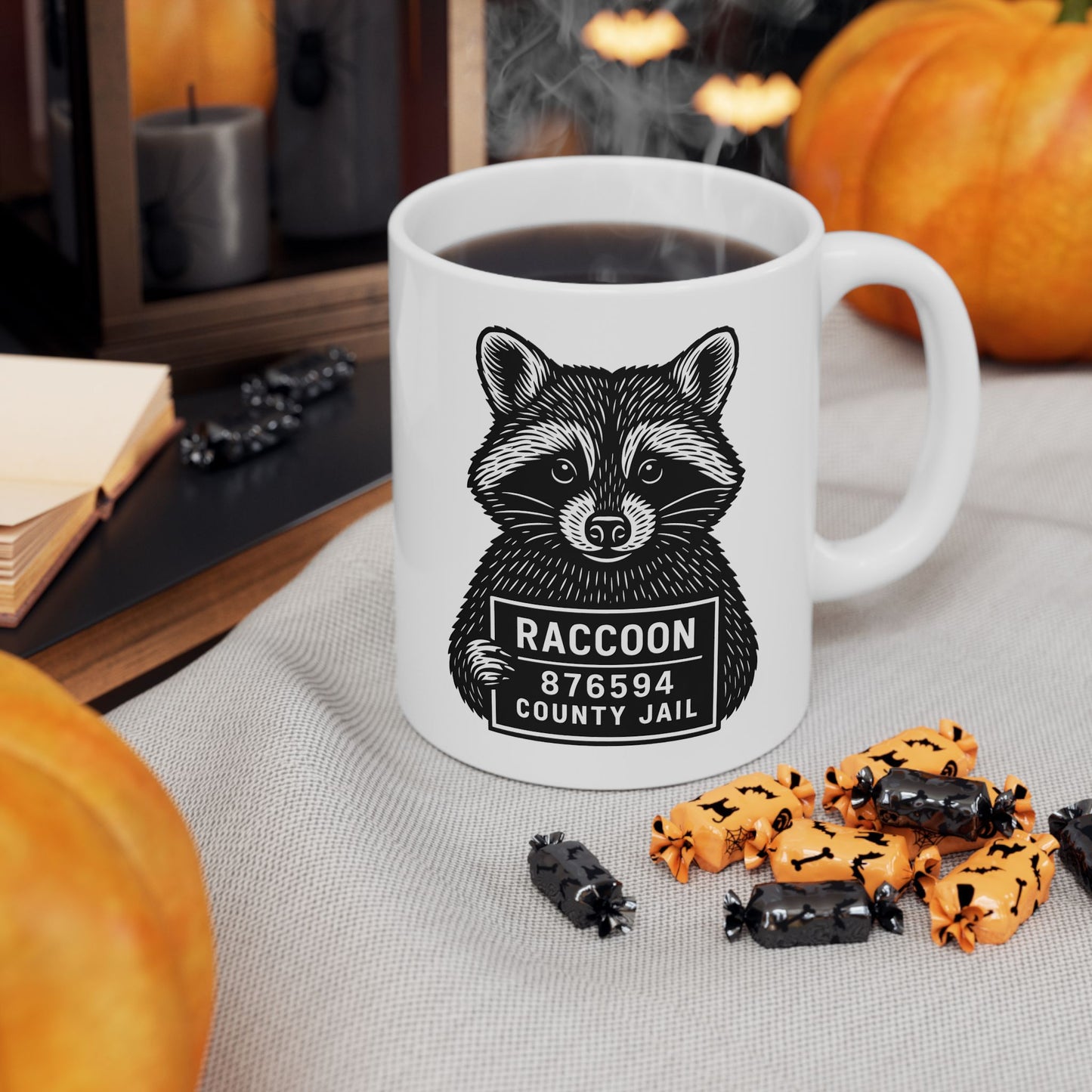 Raccoon Mugshot Ceramic Mug — Cute Hand-Drawn Raccoon Coffee Cup (11oz & 15oz)