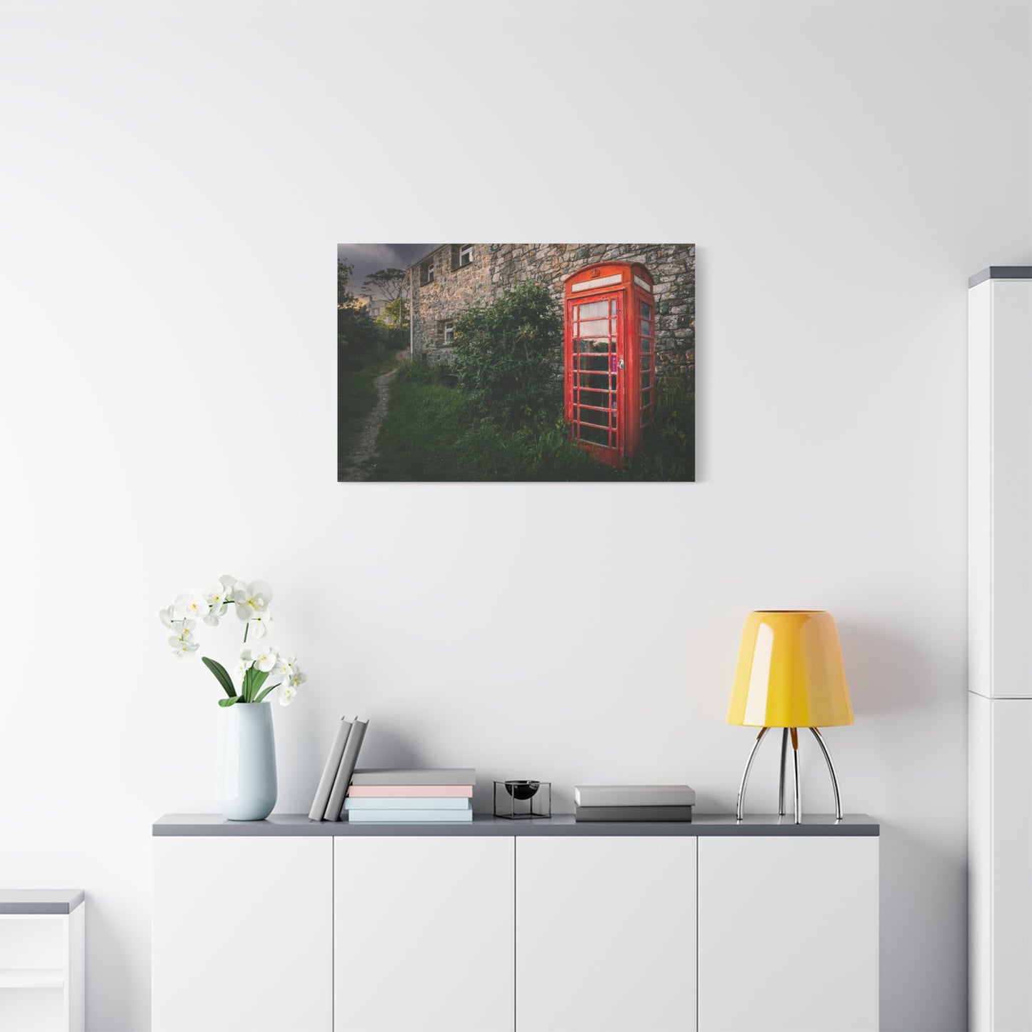 Vintage Red Phone Booth Canvas Wall Art – Rustic Countryside Photography Print
