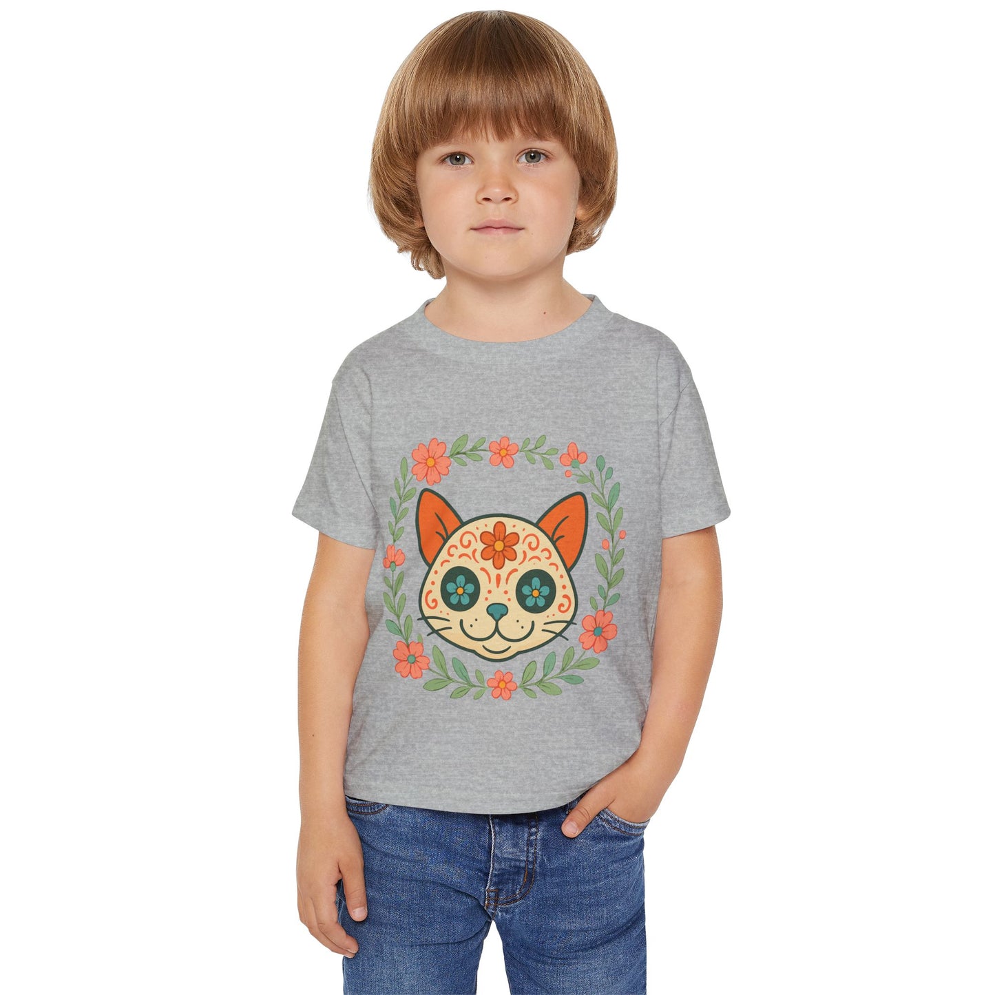 Sugar Skull Cat Toddler T-Shirt — Floral Day of the Dead Kids Tee