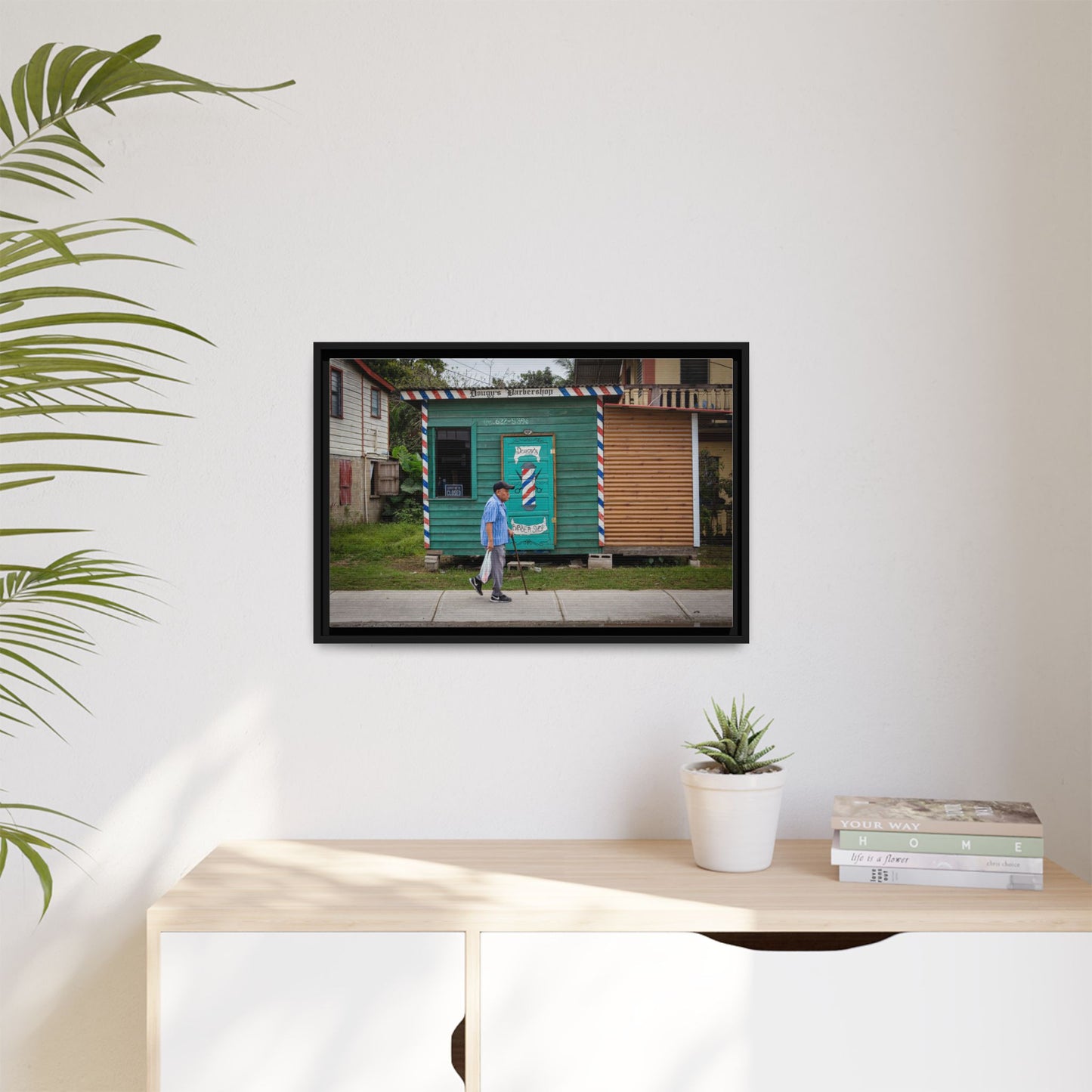 San Ignacio Street Scene Matte Canvas Print — Framed Belize Barber Shop Artwork