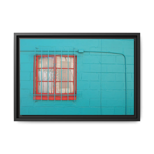 Framed Matte Canvas Print — Turquoise Wall with Red Window