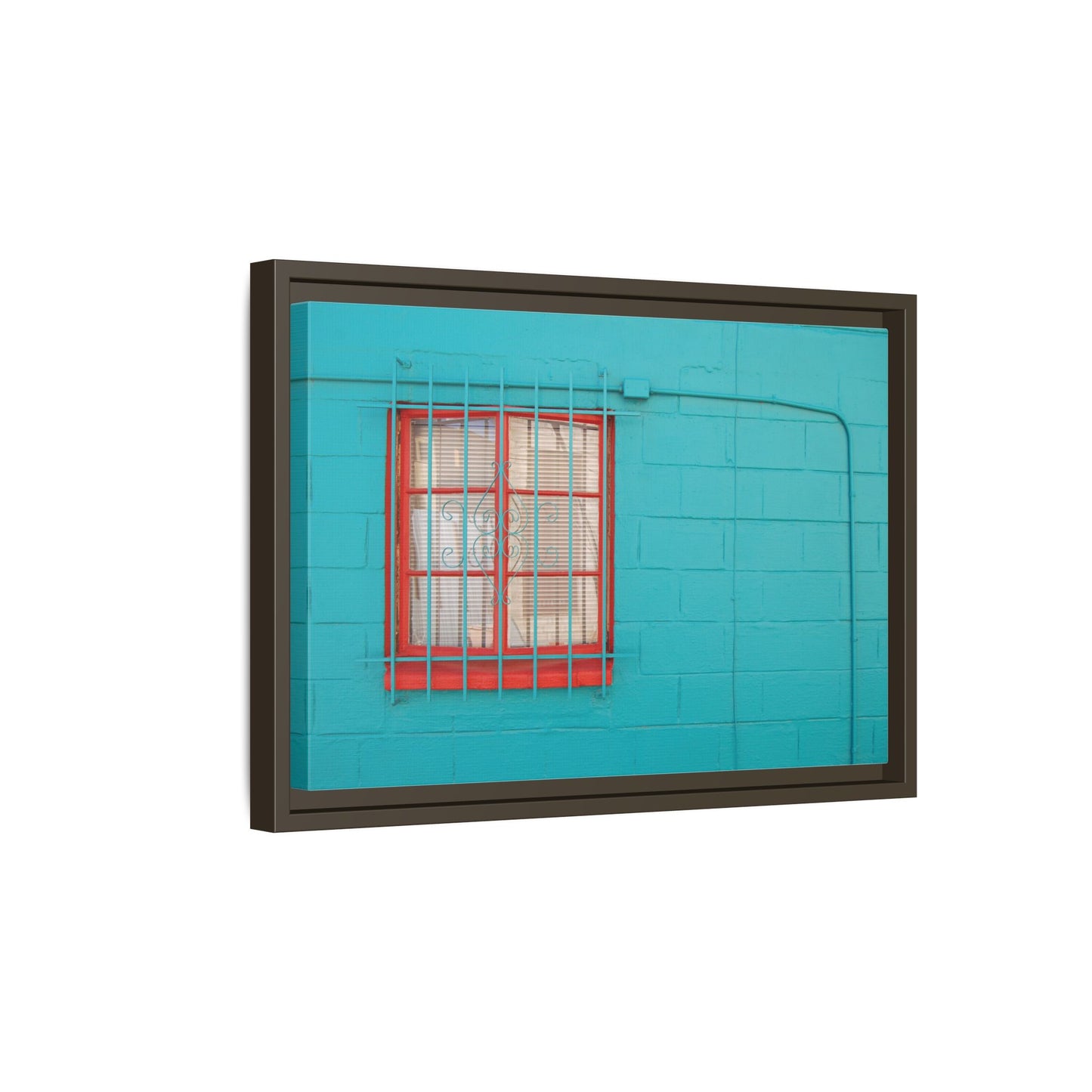 Framed Matte Canvas Print — Turquoise Wall with Red Window