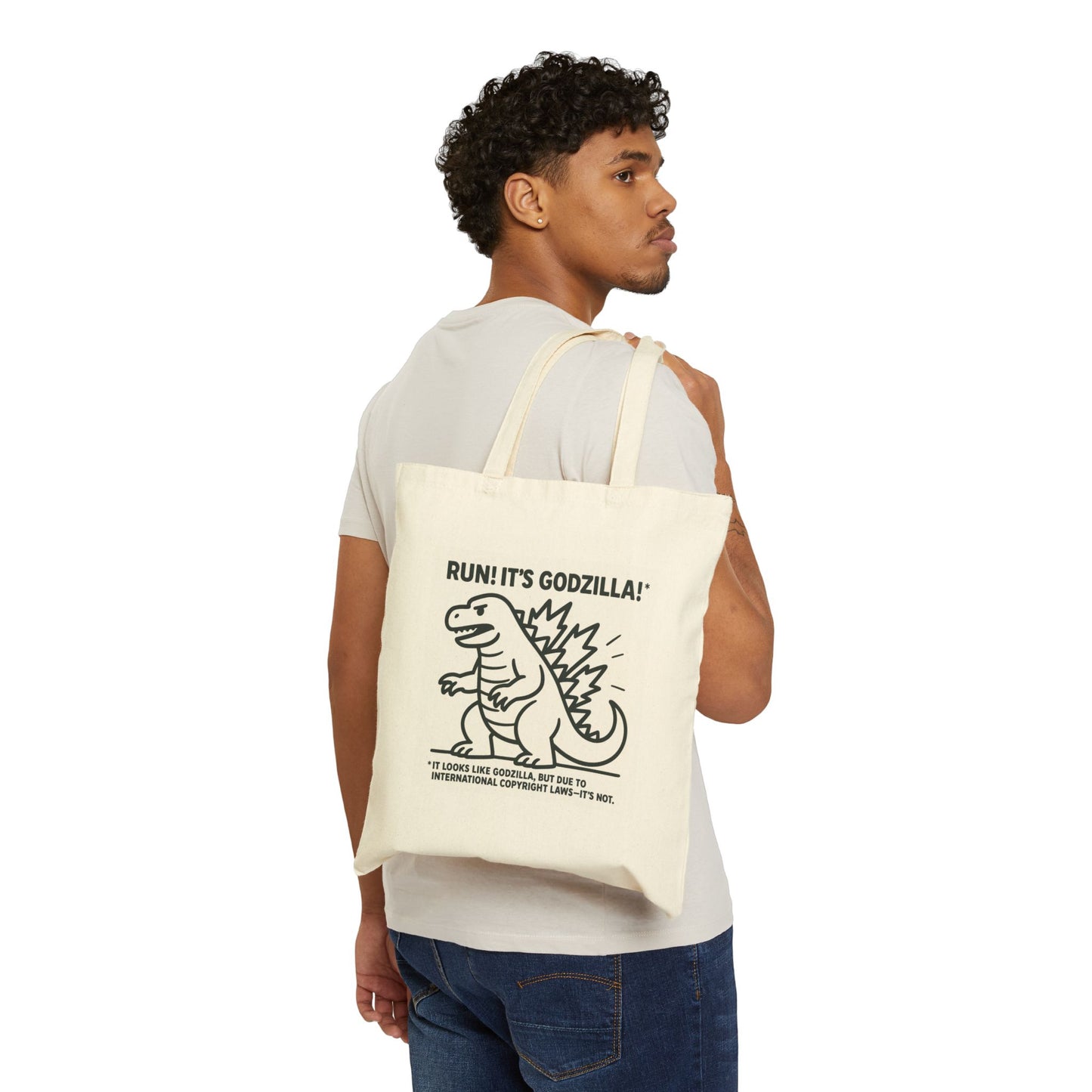 Run! It's Godzilla tote bag | Cartoon dinosaur graphic tote