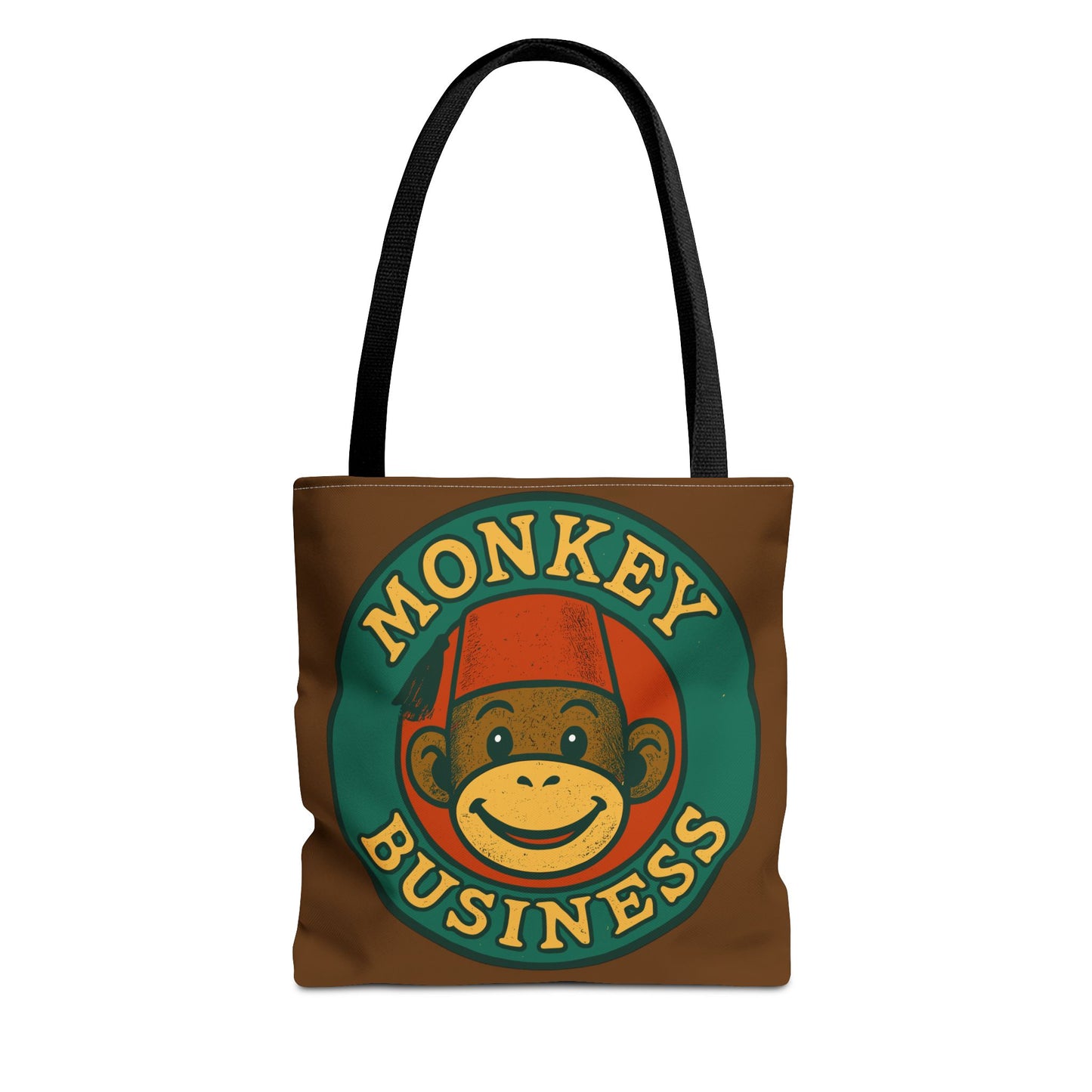 Monkey Business Tote Bag | Retro Monkey Logo, Brown All-Over Print