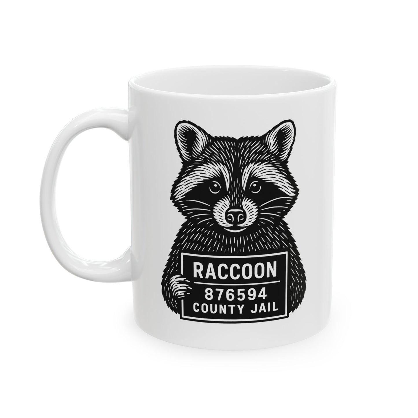 Raccoon Mugshot Ceramic Mug — Cute Hand-Drawn Raccoon Coffee Cup (11oz & 15oz)