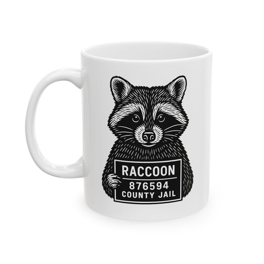 Raccoon Mugshot Ceramic Mug — Cute Hand-Drawn Raccoon Coffee Cup (11oz & 15oz)