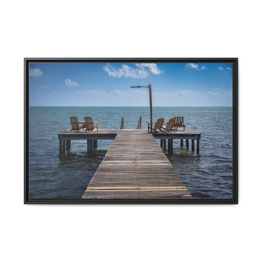Caye Caulker Jetty Matte Canvas Print — Framed Coastal Wall Art with Adirondack Chairs