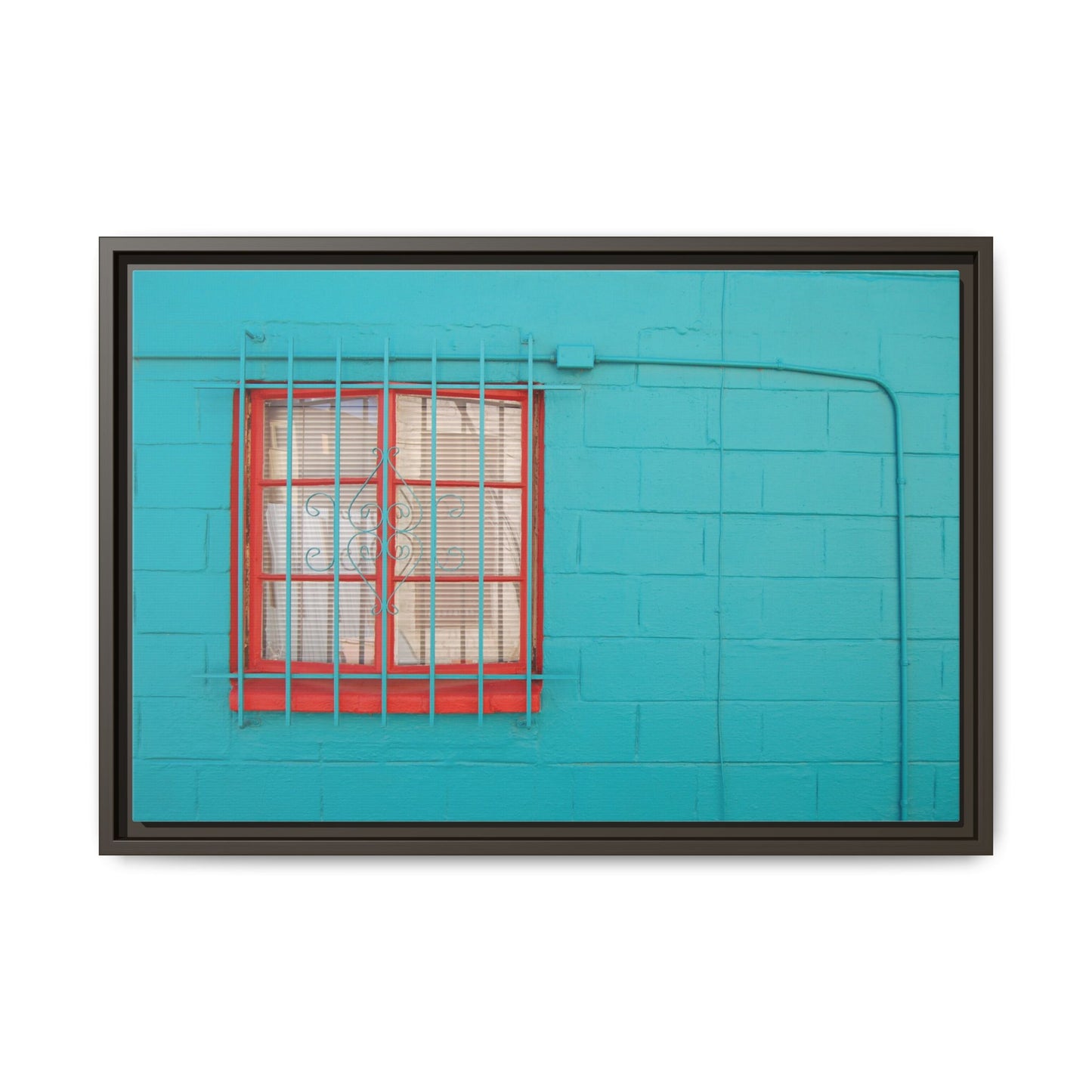 Framed Matte Canvas Print — Turquoise Wall with Red Window