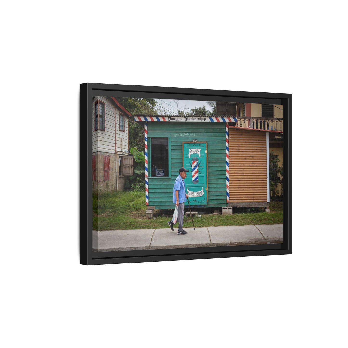 San Ignacio Street Scene Matte Canvas Print — Framed Belize Barber Shop Artwork