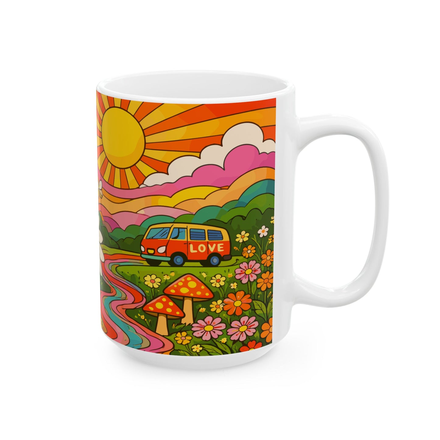 Retro Daisy Sunrise Ceramic Mug — 11oz & 15oz Groovy Floral Coffee Cup