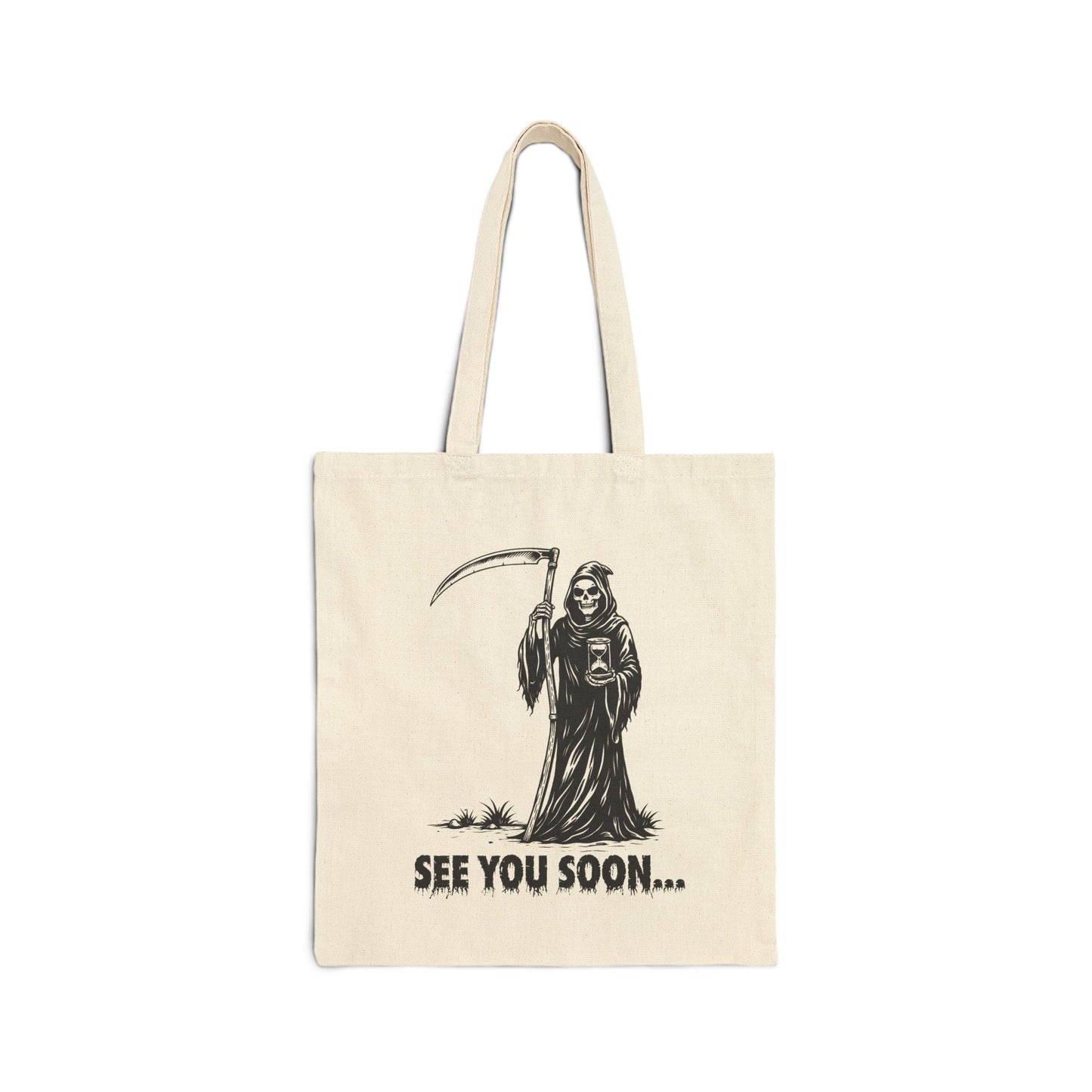 Grim Reaper 'See You Soon' Canvas Tote - Skeleton Cotton Tote Bag