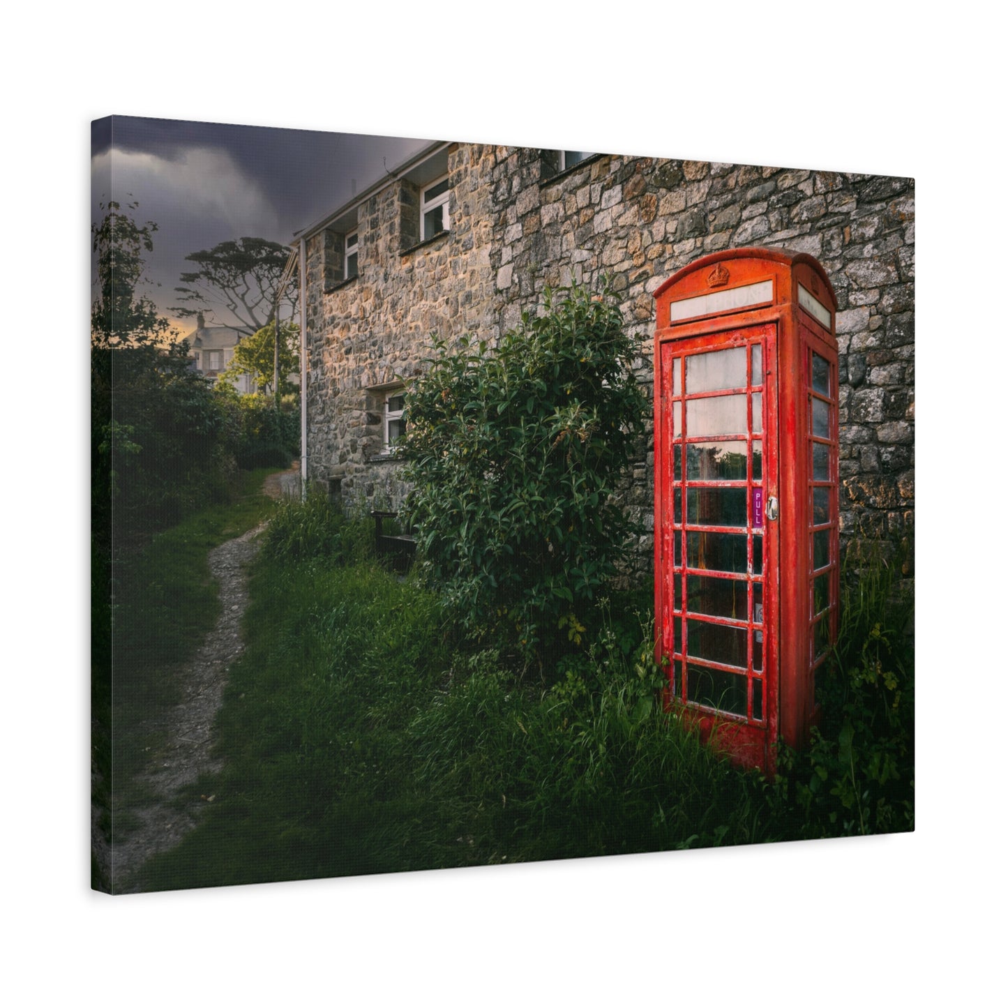 Vintage Red Phone Booth Canvas Wall Art – Rustic Countryside Photography Print